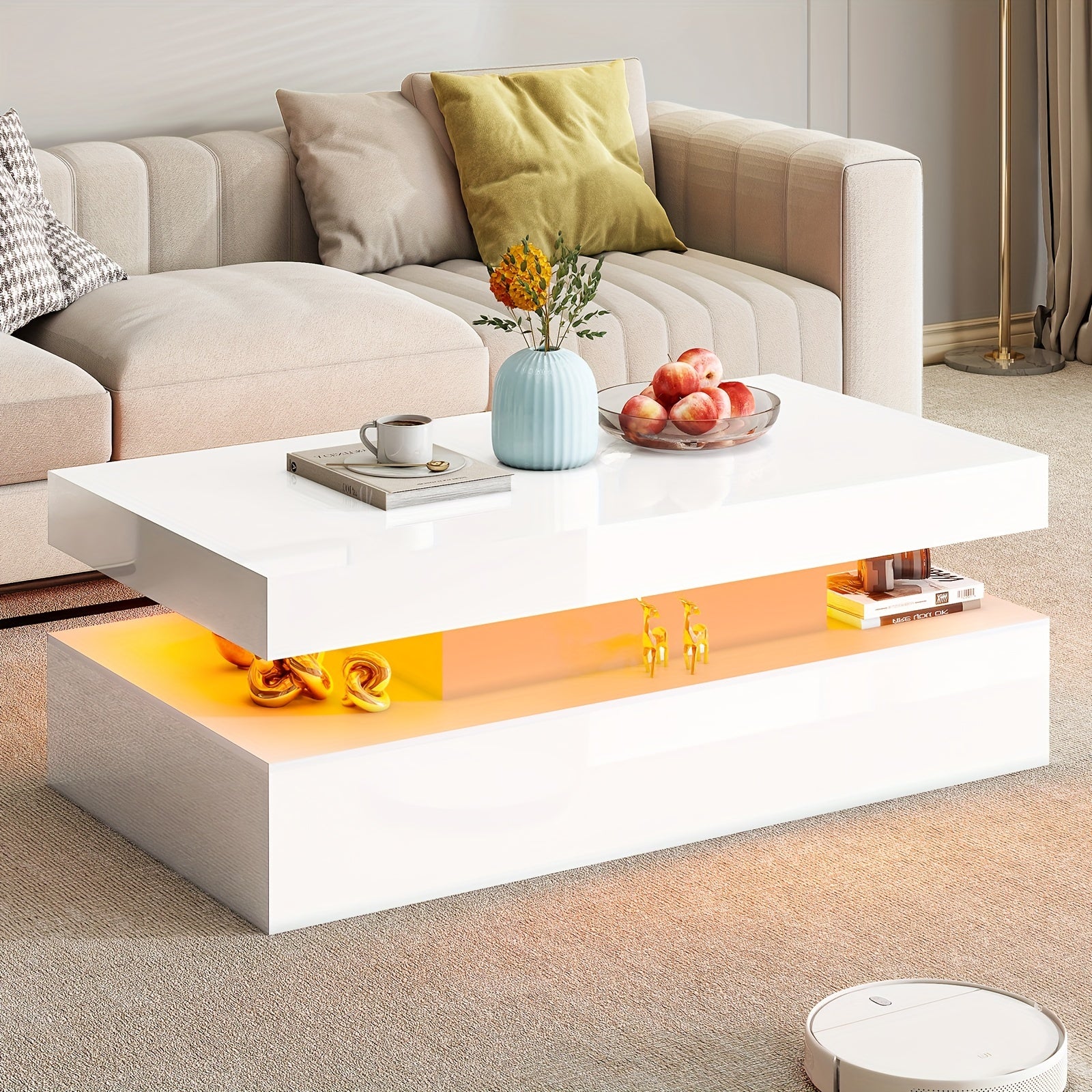 High Gloss LED Coffee Table, Modern 2-Tier Center Table With LED Lights, Open Storage Space