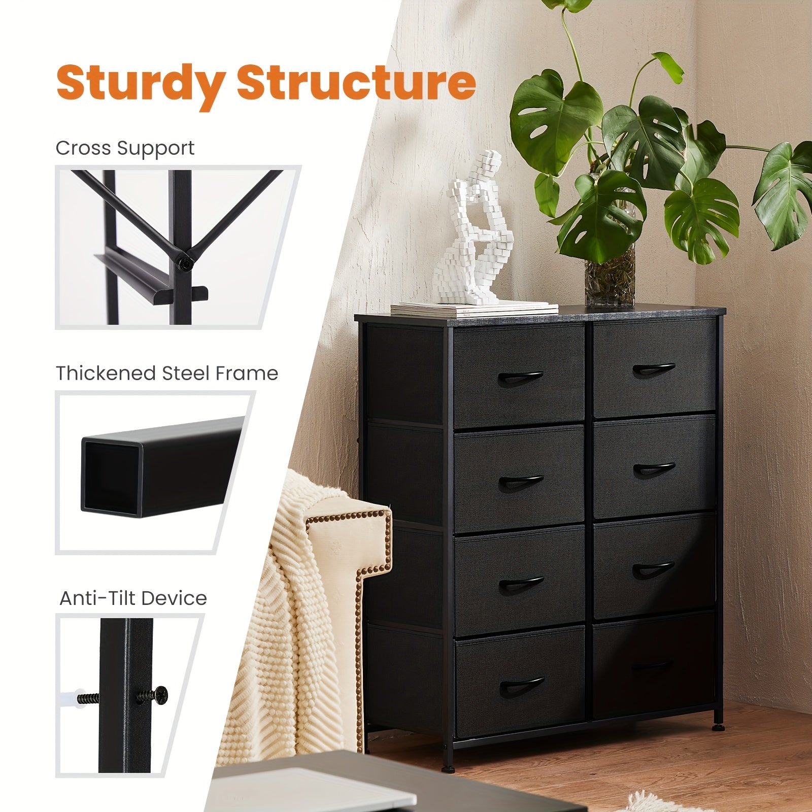 Dresser for Bedroom Drawer Organizer Storage 8 Drawers Fabric Storage Tower Chest of Drawers with Steel Frame Wood Top