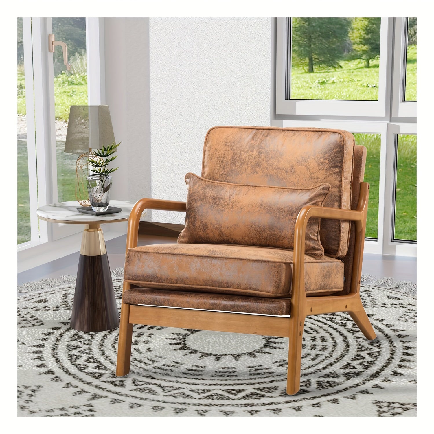 25.4-inch Accent chair, medieval minimalist style, sturdy solid wood frame, suitable for multiple scenarios, leather can be wiped and cleaned, available in two colors, easy to assemble, and comfortable experience.