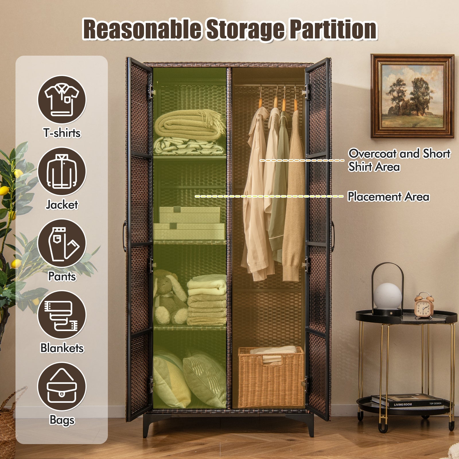 Wicker Wardrobe with 2 Doors, 62" PE Rattan Wardrobe Armoire Closet w/ Hanging Rod & 4 Storage Cubes, Clothes Organizer for Bedroom, Storage Cabinet for Home, Patio, Garage, Black/Mix Brown