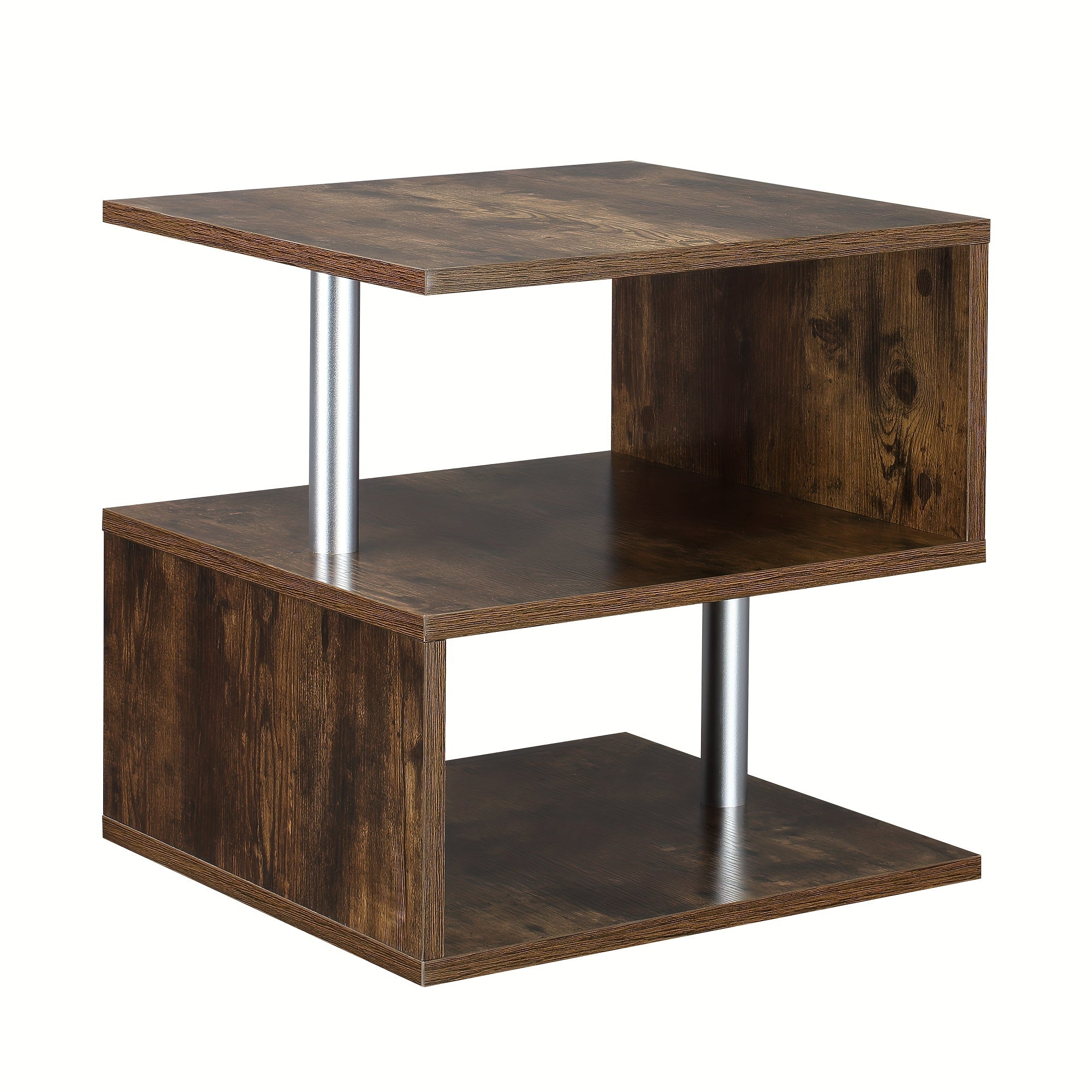 20" Modern End Table, Accent Side Table, S-Shaped Coffee Table With Storage Shelf And Steel Poles, Rustic Brown