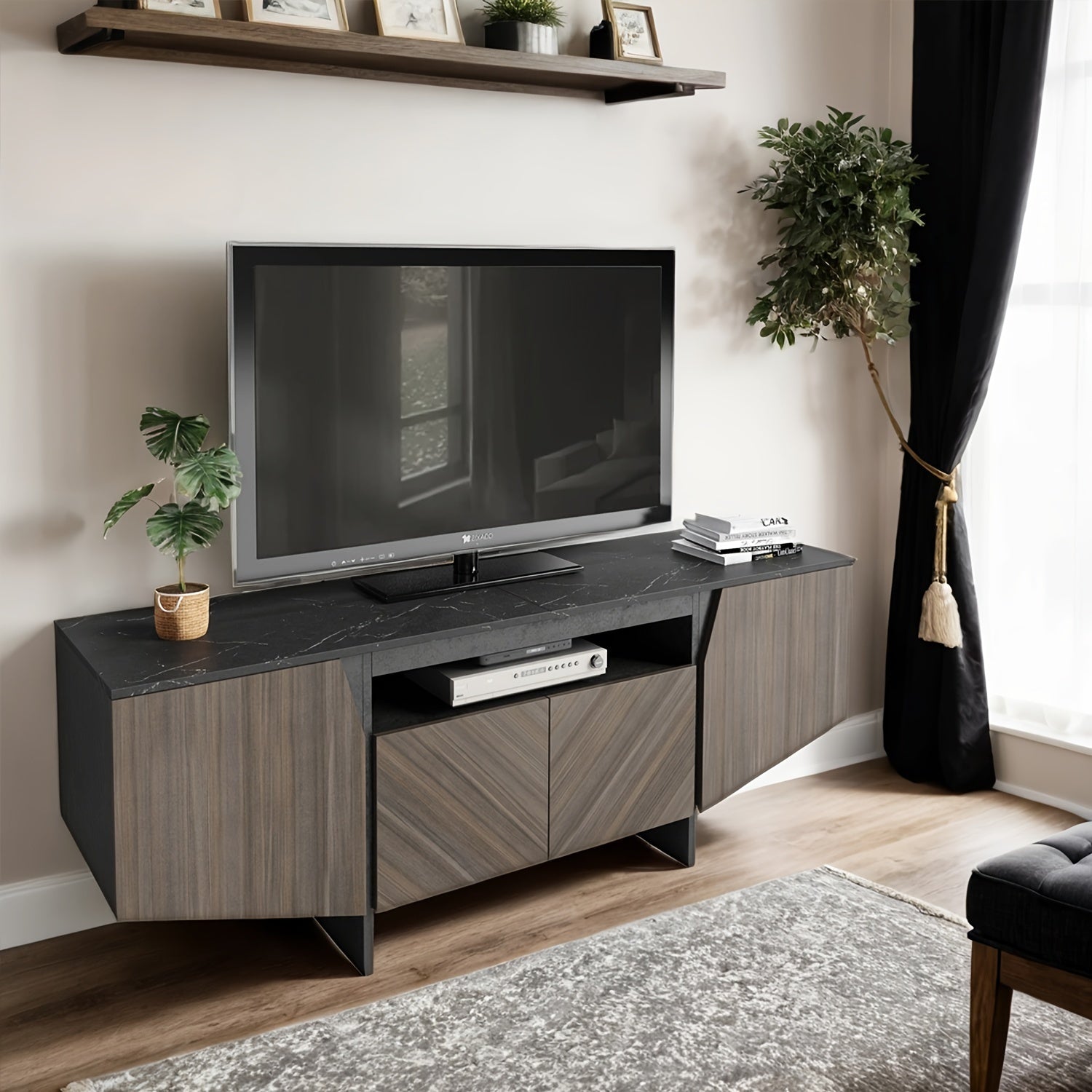 1 Piece Modern Creative 4 Door TV Cabinet With Plenty Of Storage Space, Black And Walnut Finish, Suitable For Living Room, Space Saving Design, Durable Structure, Easy To Assemble