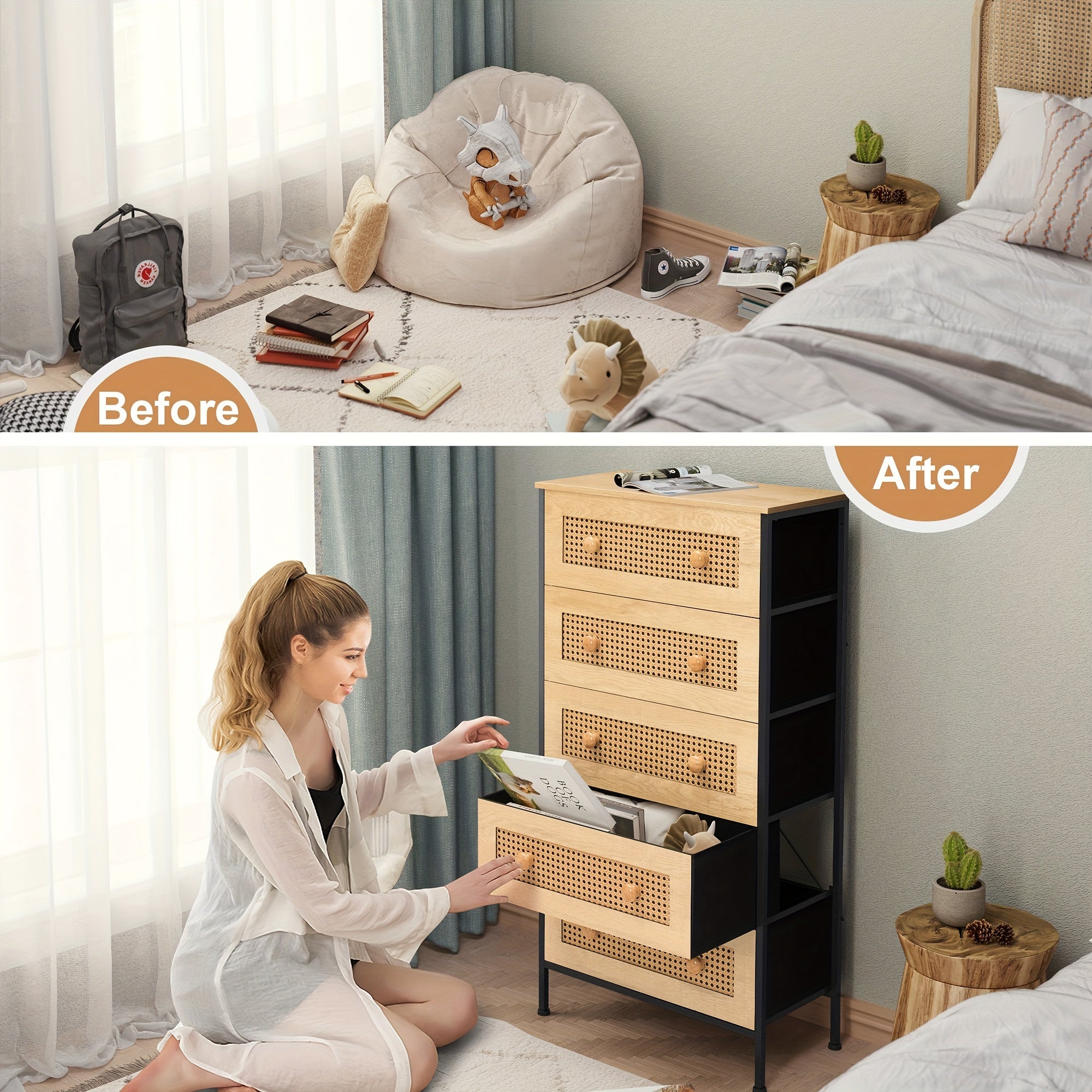 Dresser for Bedroom, Storage Drawers, Rattan Dresser Storage Tower with 5 Drawers, Chest of Drawers with Fabric Bins, for Kid room, Closet, Entryway, Nursery