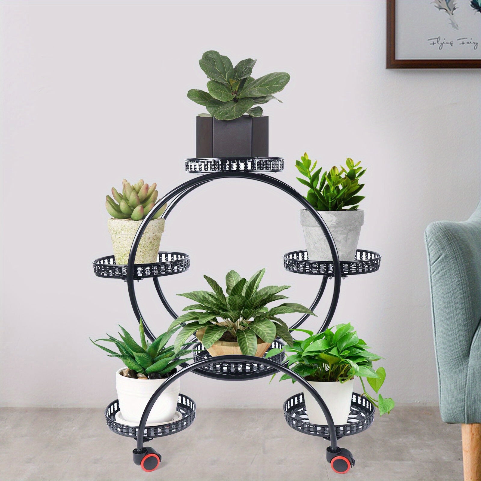 Modern 6-Tier Iron Plant Stand with Wheels - Indoor/Outdoor Flower Pot Rack Display Shelf, Black