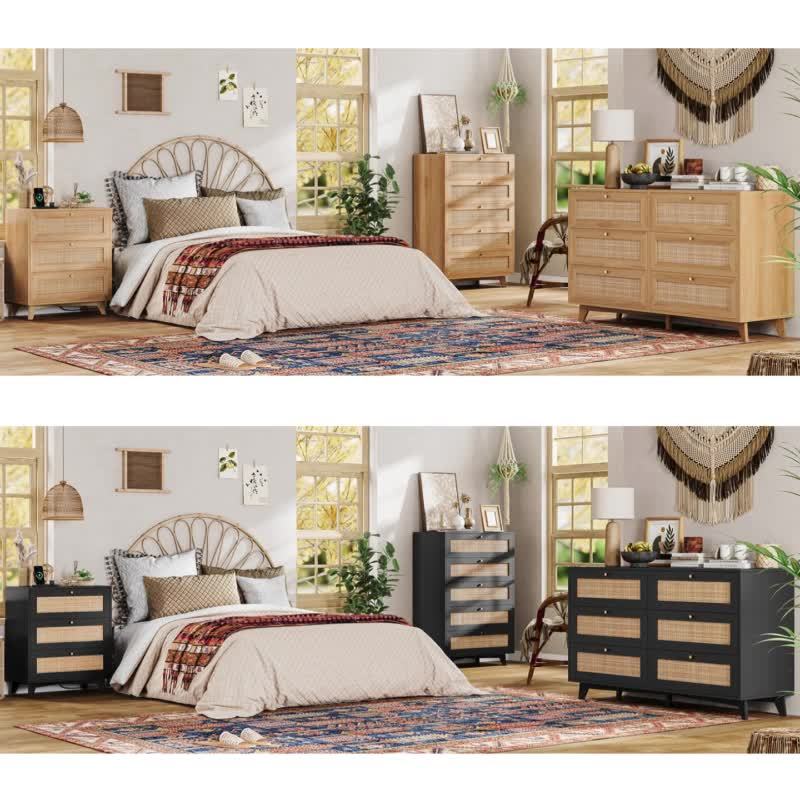 47.2''Natural Color Rattan Dresser For Bedroom With 6 Drawers, Modern Double Wooden Wide Bedroom Dresser, Chest Of Drawers With Metal Handle & Solid Wood Legs For Bedroom/Living Room, (Natural Color/Black)