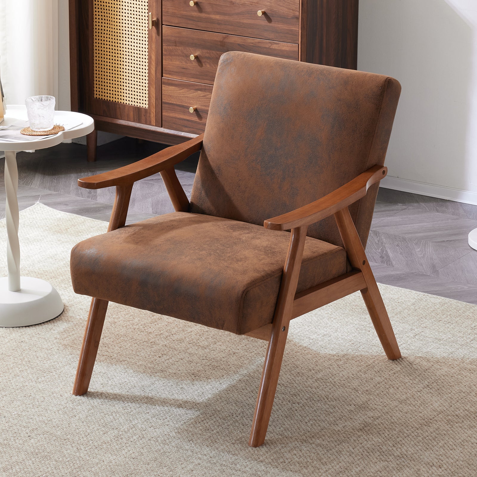 Mid-Century Retro Modern Upholstered Lounge Chair Fabric Accent Chair Sturdy Wooden Frame Armchair