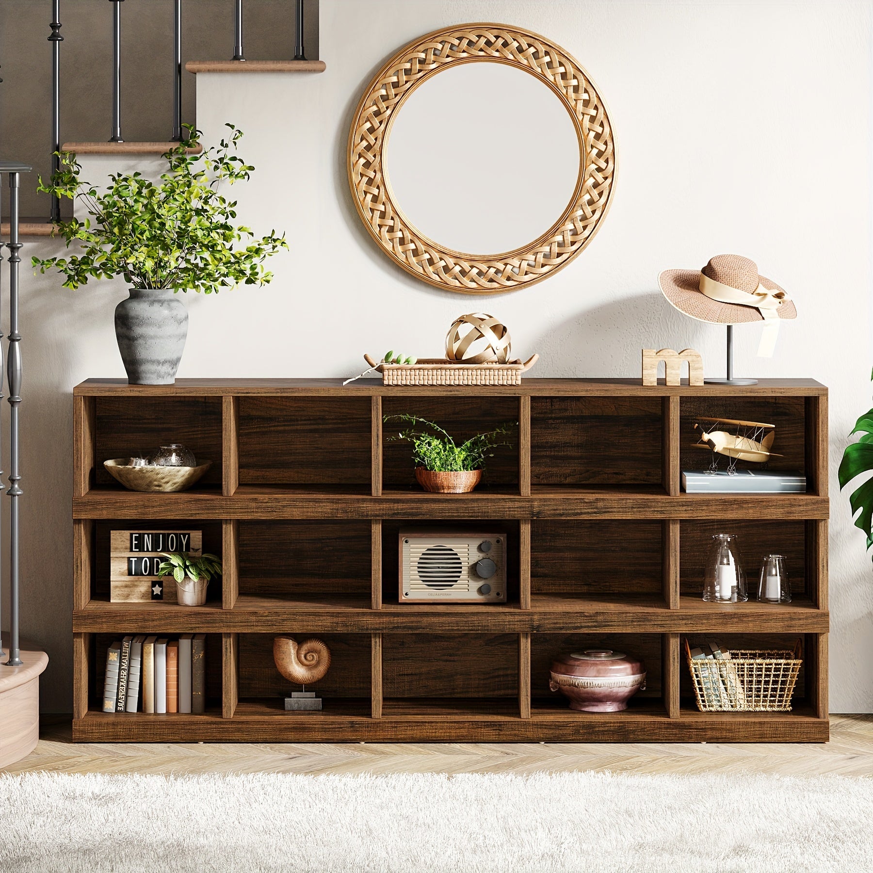 63-Inch Farmhouse Console Table, 15-Cube Narrow Entryway Table, 4-Tier Wood Behind Couch Sofa Table, All Wood Hallway Table With Storage For Entryway, Foyer, Living Room, Rustic Brown, Halloween Renewal