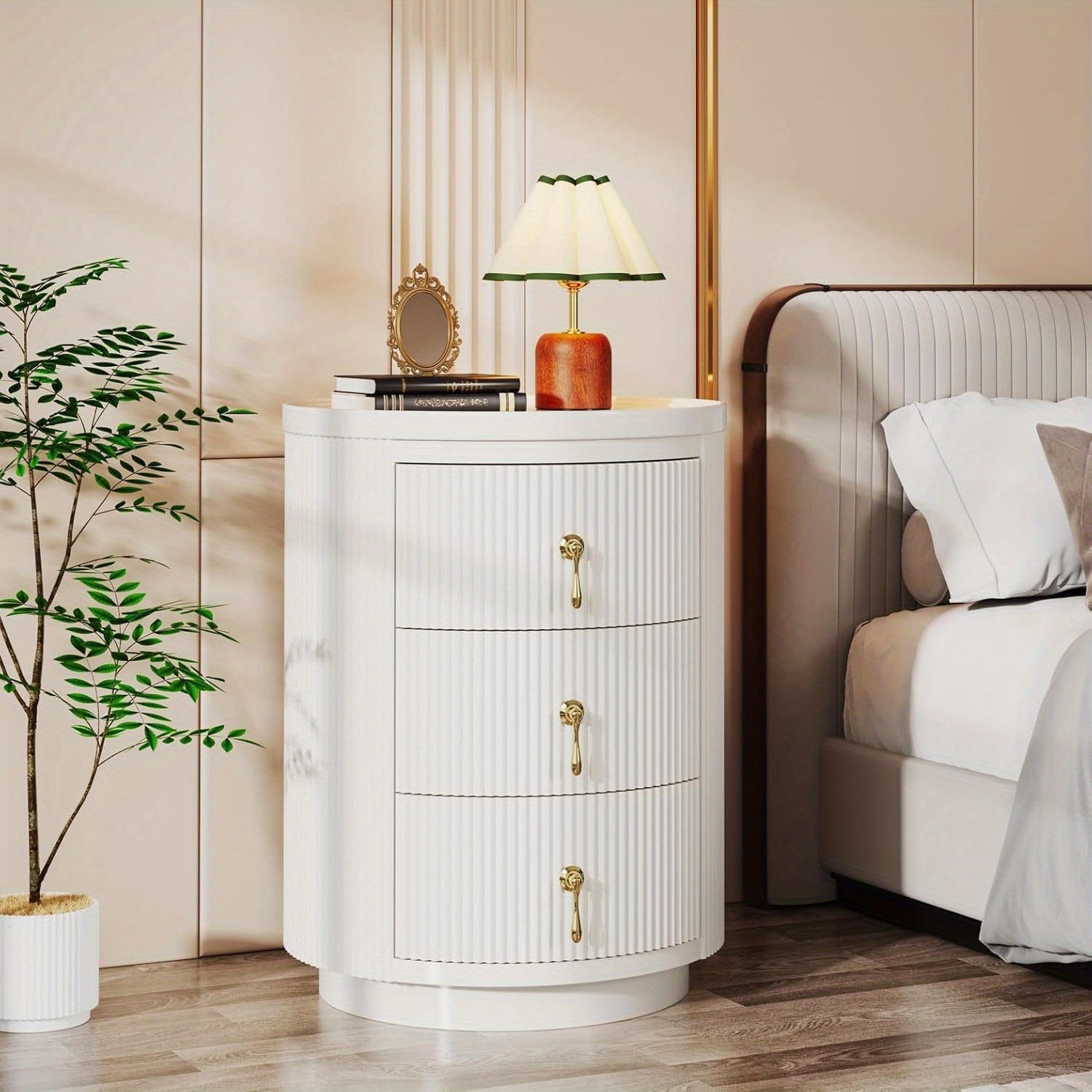 No Assembly Nightstand with 3 Drawers, Modern Round Bedside Table Night Stand for Bedroom, End Table Side Table with Storage and Gold Handles, White