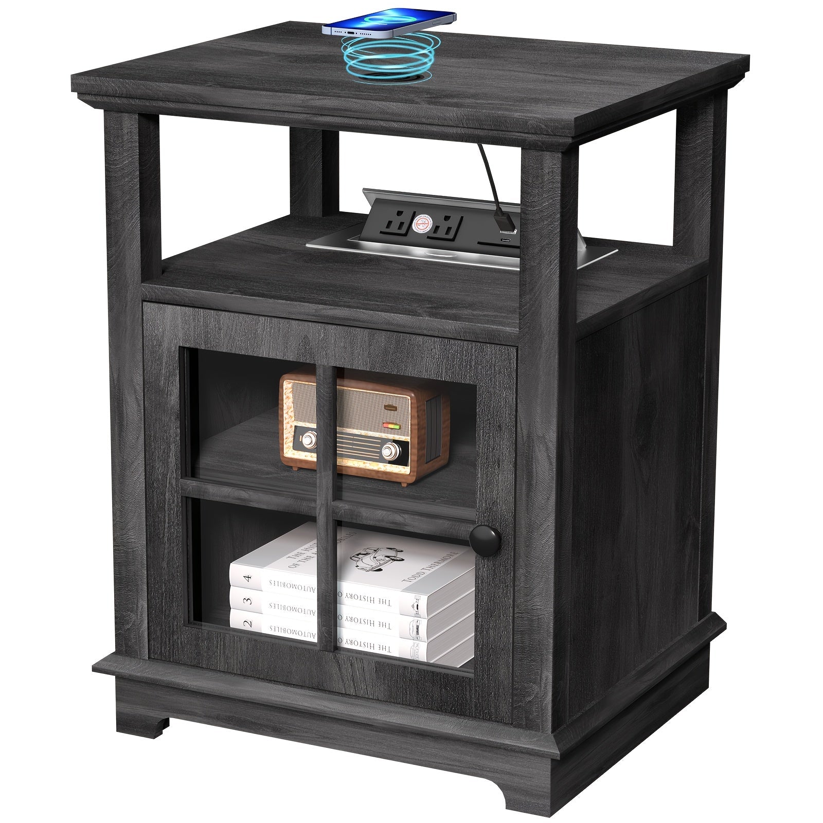 End Side Table with Charging Station, Wireless End Table, Nightstand with Adjustable Storage Shelf for Bedroom, Living Room