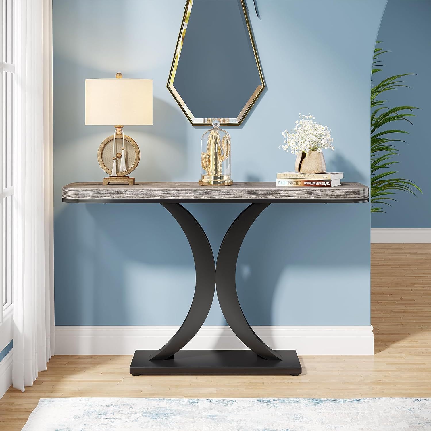 40" Slim Console Table - Rustic Two-Tone Design with Geometric Base, Waterproof MDF, Perfect for Entryway, Living Room, or Hallway Decor, Utility Hooks