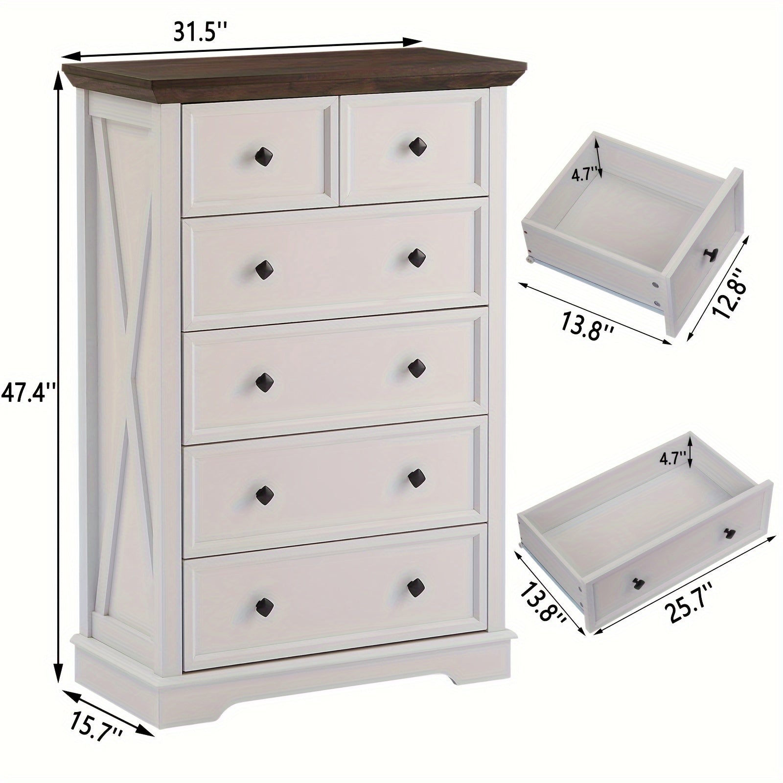 1pc Farmhouse Style 6-Drawer Dresser, 48" Tall Hardwood & Artificial Board Chest, White Storage Cabinet for Bedroom, Living Room, Entryway - Independent, No Electricity Needed