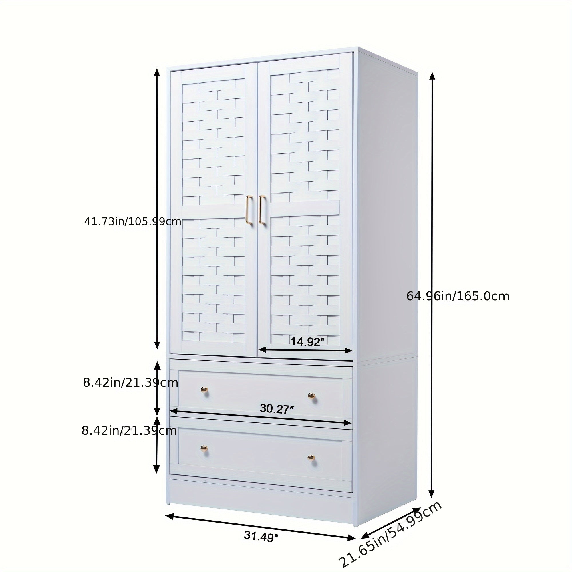 Armoire Wardrobe Closet, White Wardrobe Cabinet with 2 Woven Doors And 2 Storage Drawers, Freestanding Hanging Rail Closet, Easy-to-assemble, Bedroom Furniture