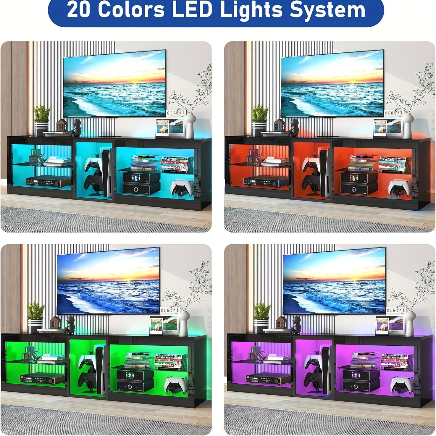 LED TV Stands W/60, 000-Colors Lights&6.5ft Power Outlet For 55 60 65 70inch TV, Modern High Gloss LED Black Entertainment Center W/Adjustable Shelves For Living Room Gameroom/Bedroom