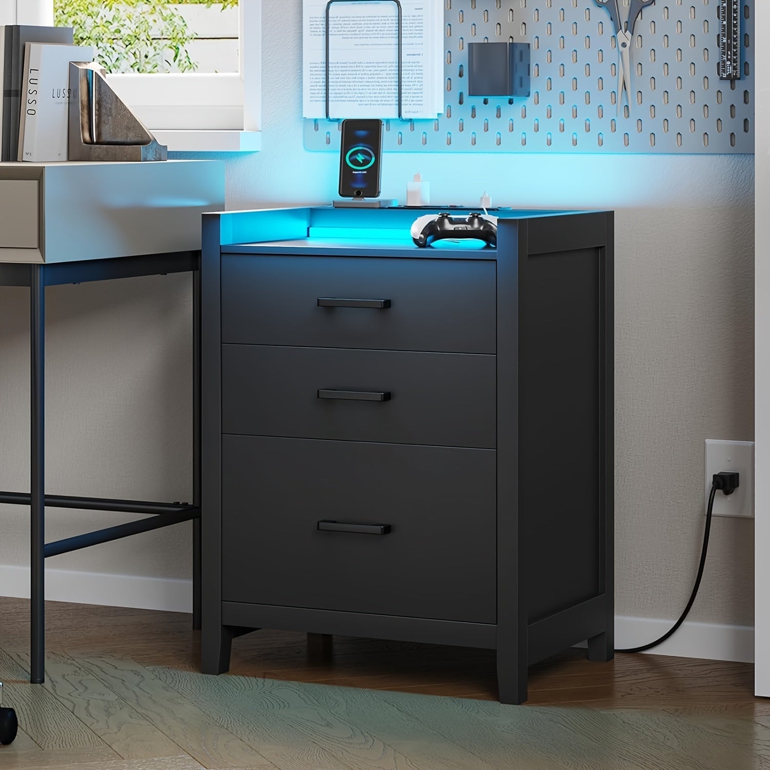 Black Nightstand with LED Light and Charging Station, Nightstand with 3 Drawers, End Side Table with USB Ports and Outlets, Modern Bedside Table for Bedroom, 1pcs