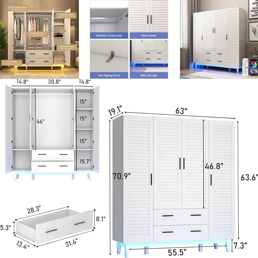 4-Door Armoire Wardrobe Closet Cabinet With Drawers And LED Lights, Multi-Tier Shelves, Hanging Rod & 4 Louver Doors, Large Capacity Storage Wardrobe Armoire For Bedroom