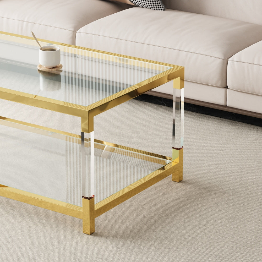 Elegant Modern Coffee Table with Golden Metal Frame & Clear Acrylic Legs - Waterproof, Easy-Clean Glass Top for Living Room Coffee Table for Living Room