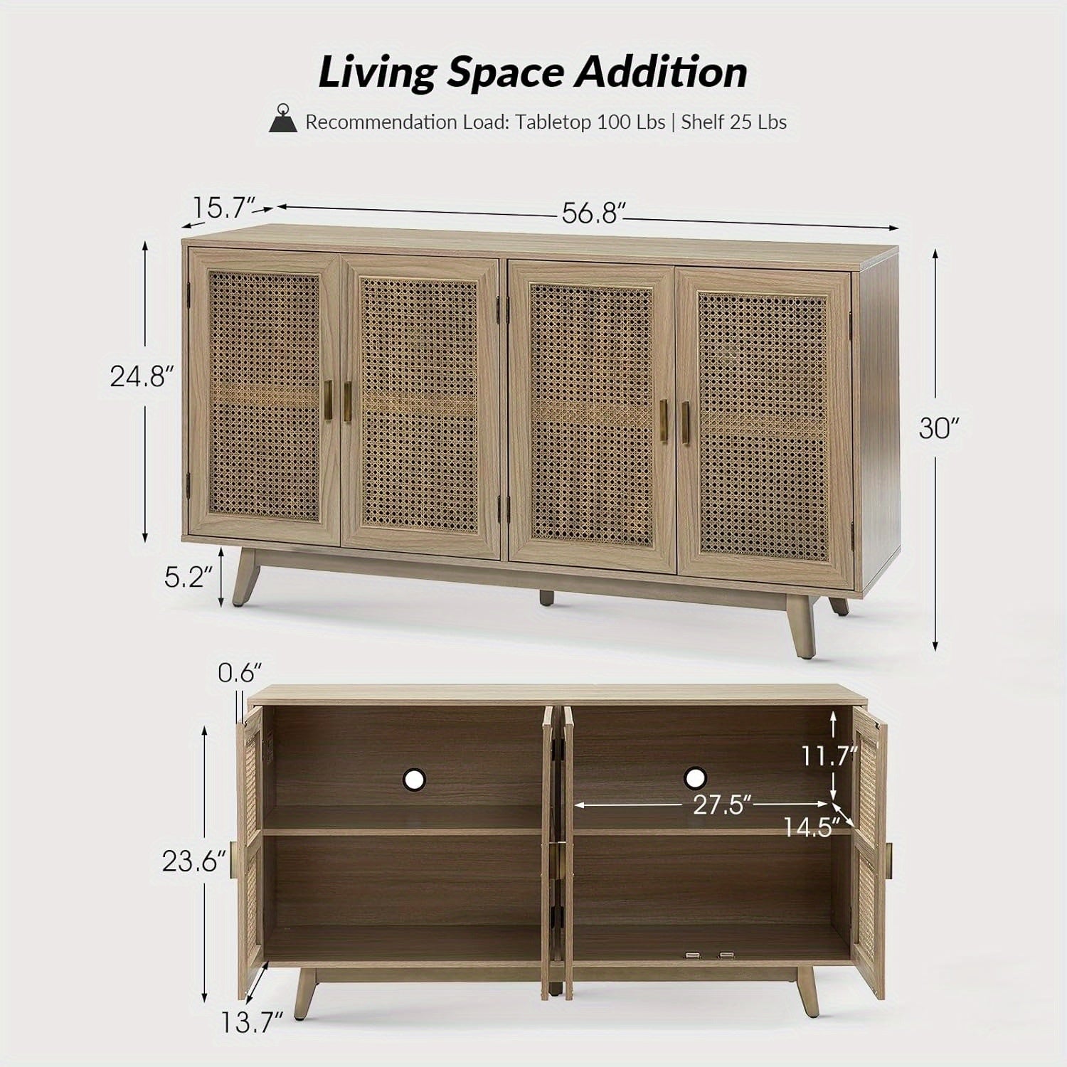 Farmhouse TV Stand with Adjustable Legs - White, Fits TVs Up to 65", Rattan Accents & Wood Construction, Perfect for Halloween/Christmas/New Year's Decor