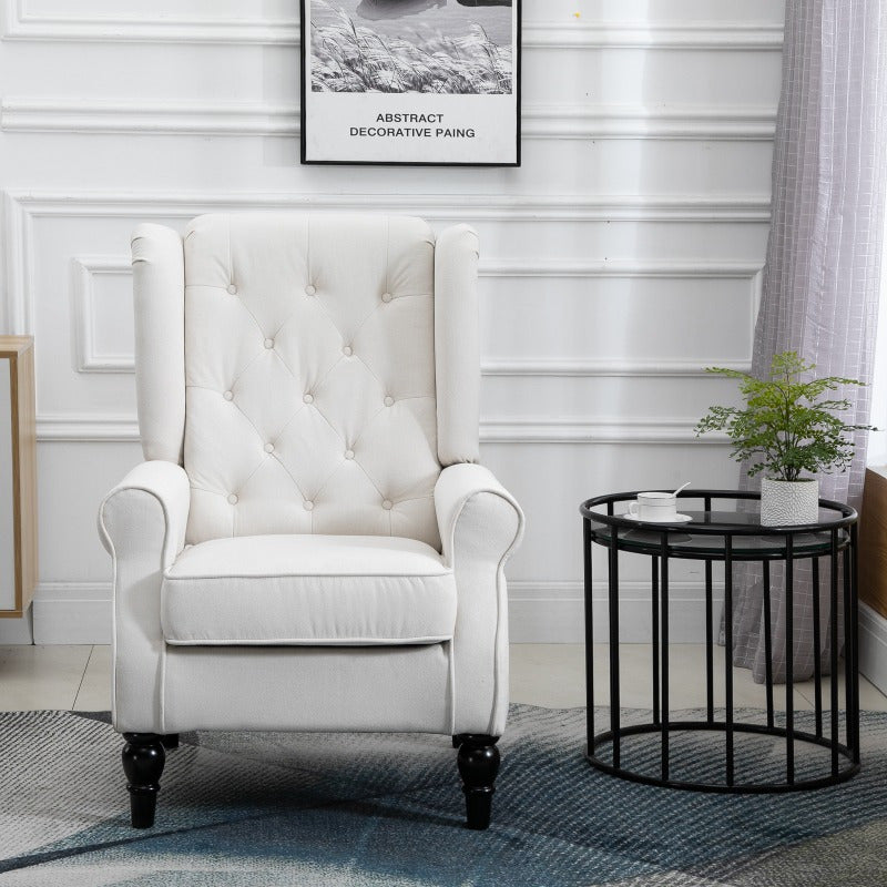 Button-Tufted Accent Chair with High Wingback, Rounded Cushioned Armrests and Thick Padded Seat, Cream White