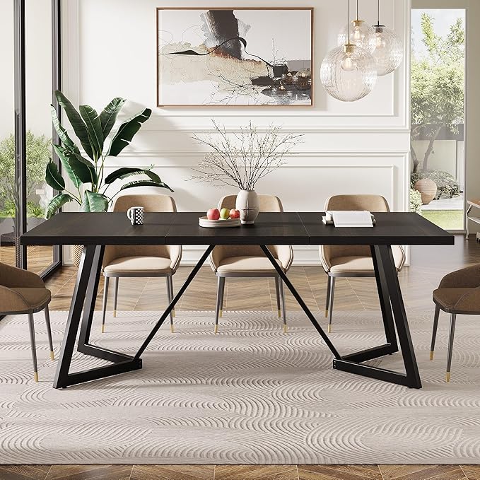 180cm Large Dining Table for 4-6, Modern Black Dining Room Table with Metal Frame, Rectangular Kitchen Dinner Table for Home Dining Room Family