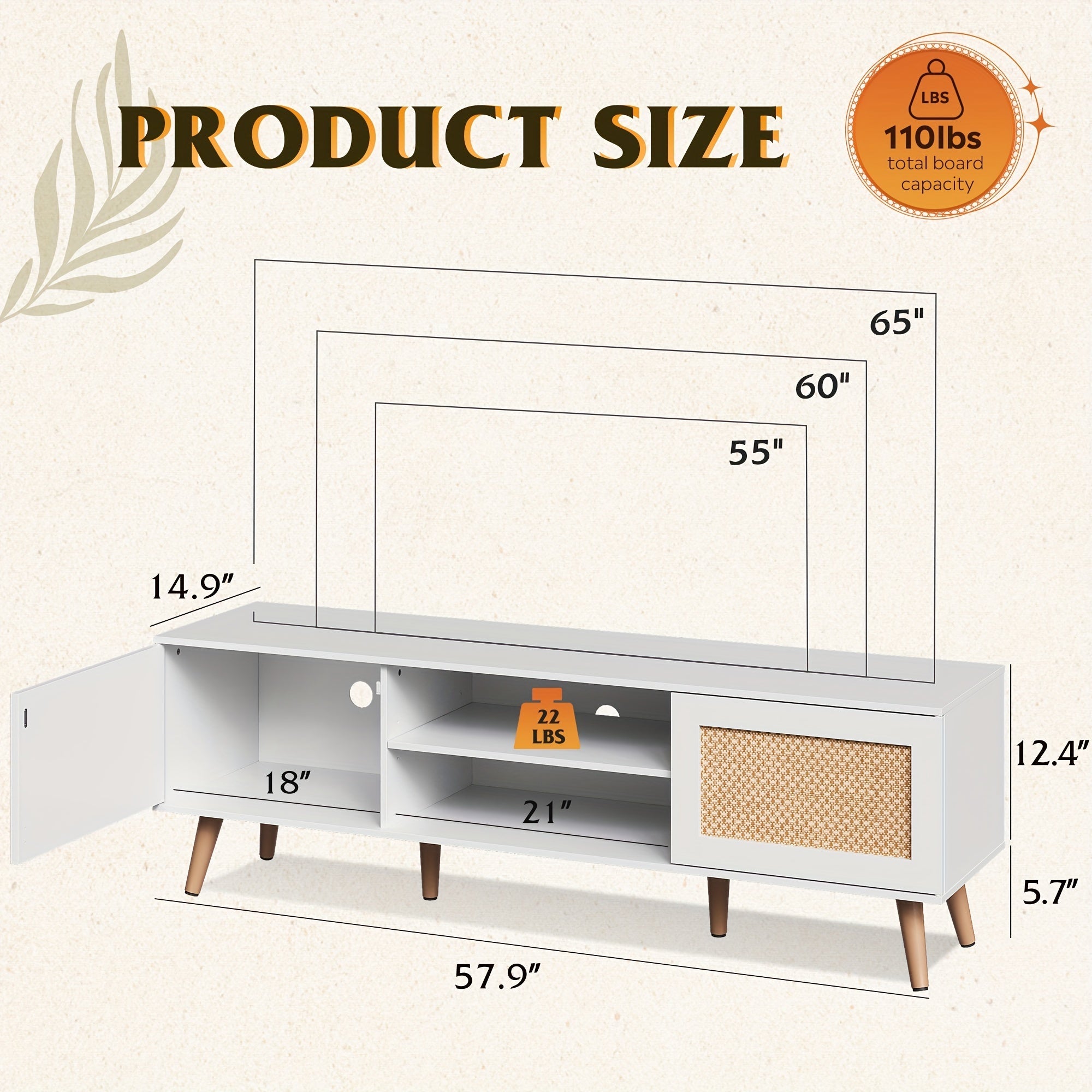 Rattern TV Stand for 65 Inch TV, Mid Century Modern Entainment Center with Rattern Doors, Boho TV Console with Storage Shelf and 2 Cabinets for Bedroom and Living Room