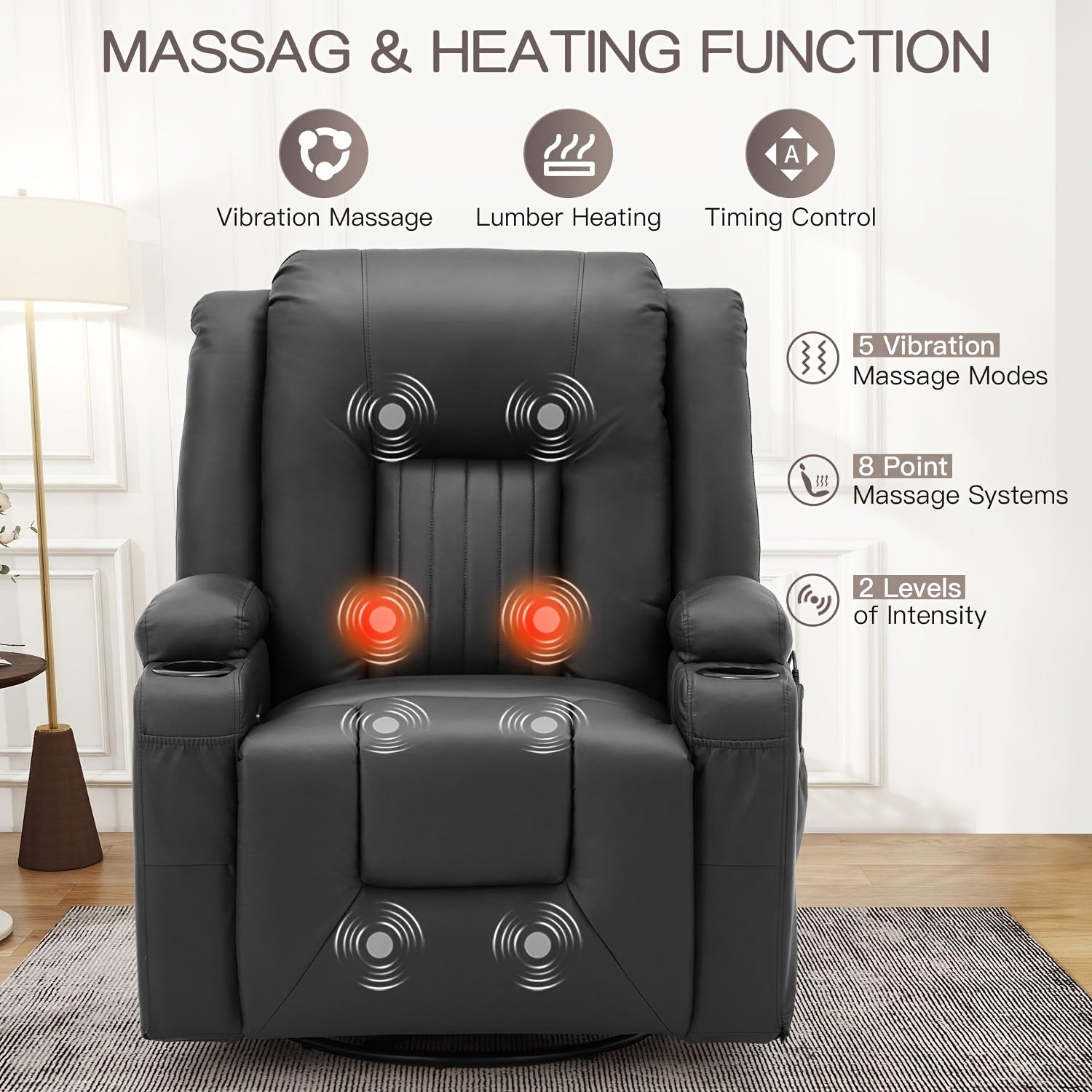 Massage Manual Recliner Chair With Heat, Leather Rocking Recliner Swivel Recliners Lazy Boy Recliner Chair W/ 2Side Pockages, 2 Cup Holders For Living Room, RV, Black