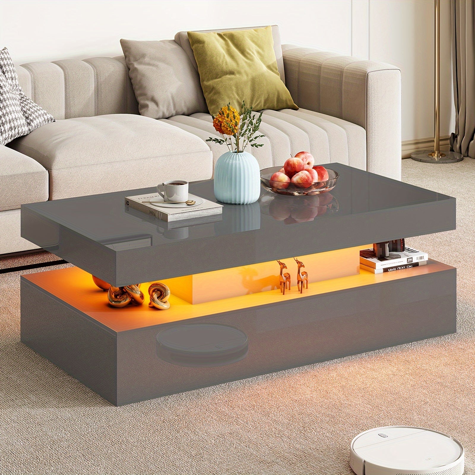 High Gloss LED Coffee Table, Modern 2-Tier Center Table With LED Lights, Open Storage Space