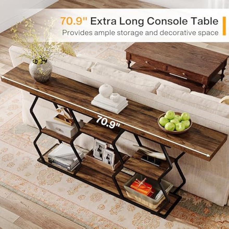 5-Tier Extra Long Console Table with Shelves, Narrow Sofa Table Behind Couch with Storage, Industrial Entryway Table TV Stand Accent Table for Living Room Hallway Foyer, Rustic Brown & Black