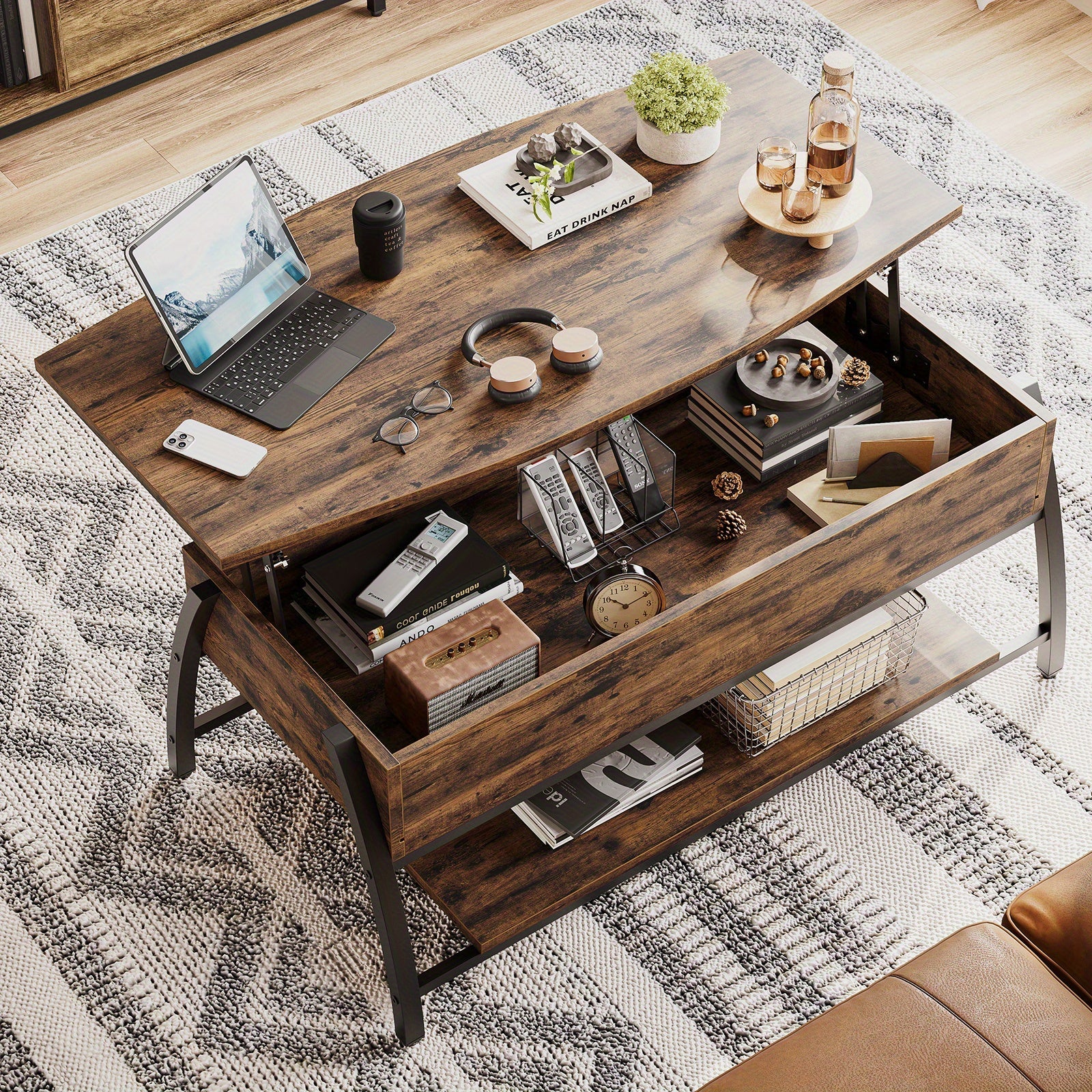 Modern Adjustable Height Coffee Table, Wood-Based Panel & Solid Wood, Industrial Style, with Lift-Top and Storage, for Living Room