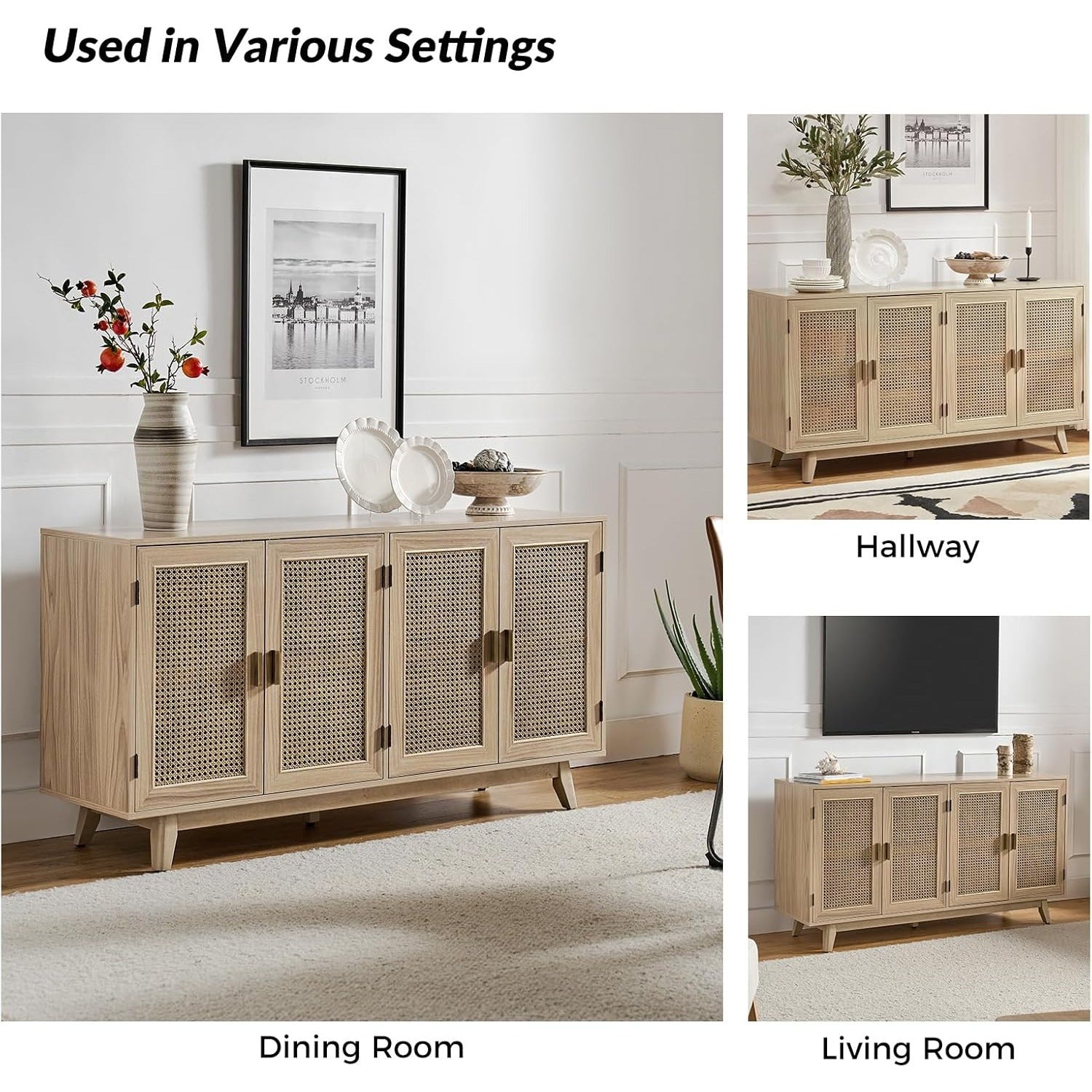 Farmhouse TV Stand with Adjustable Legs - White, Fits TVs Up to 65", Rattan Accents & Wood Construction, Perfect for Halloween/Christmas/New Year's Decor