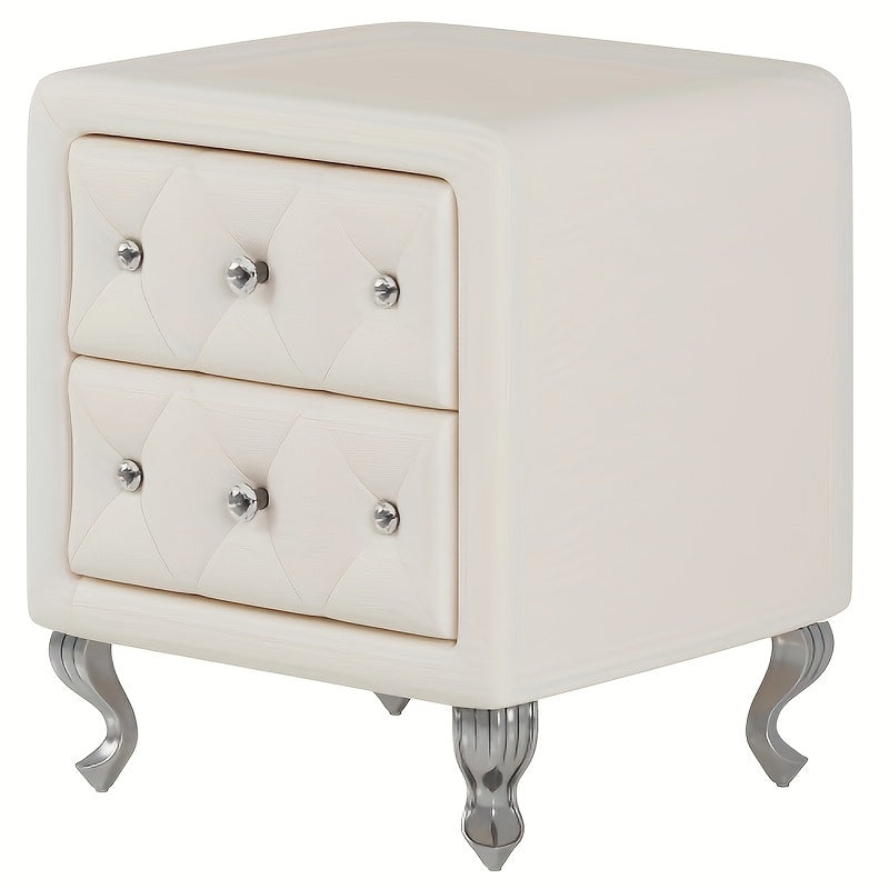 Elegant PU Nightstand With 2 Drawers And Crystal Handle, Fully Assembled Except Legs&Handles, Storage Bedside Table With Metal Legs - White