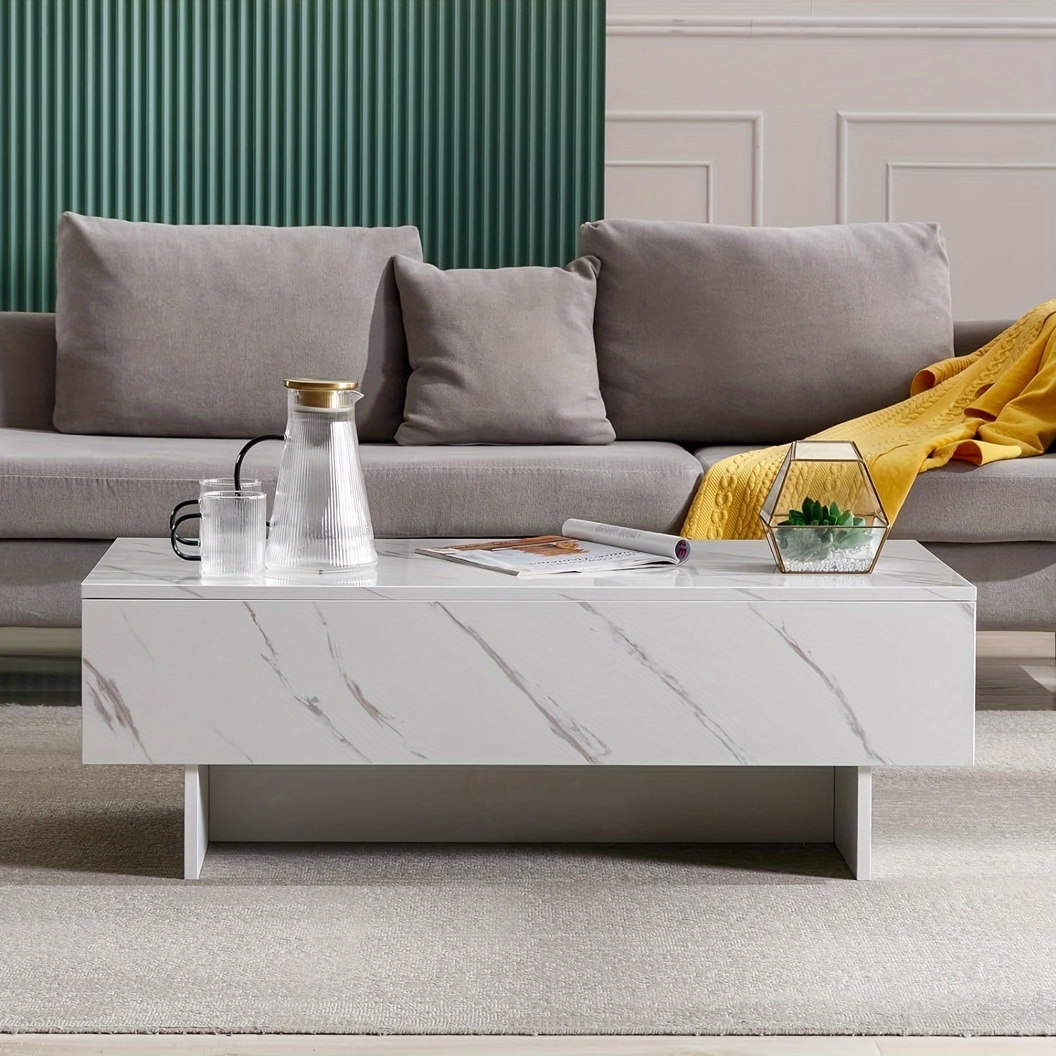 40 Inch Marble White Cool Coffee Table For Living Room, Rectangular Glossy Smart Contemporary Center Table For Waiting Area