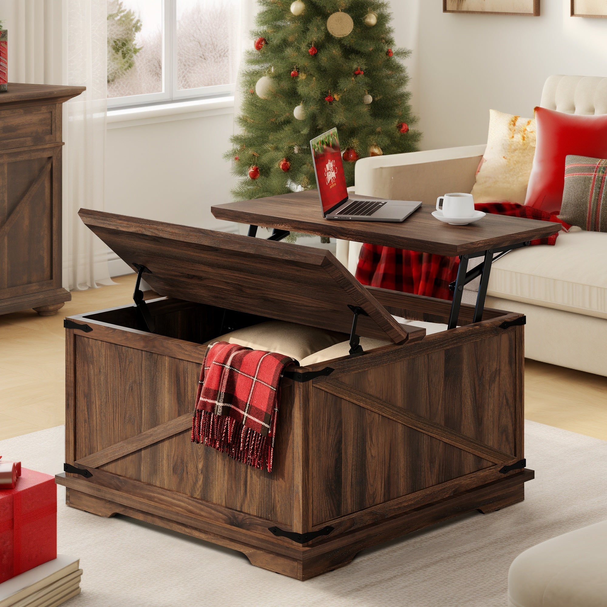 Solid Wood and Wood-Based Panel Farmhouse Coffee Table, Hardwood Construction, with Lift-Top and Storage Compartment, for Living Room, Ideal for Thanksgiving, Christmas, and Halloween Gifts