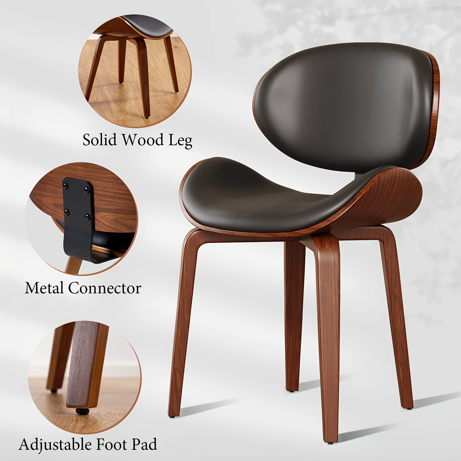 2pcs Mid-Century Modern Dining Chairs, Walnut Finish, Curved PU Leather Seat, Adjustable Solid Wood Legs, Ergonomic Design, Hardwood Frame, MDF Padding, Non-Adjustable Lounge Function