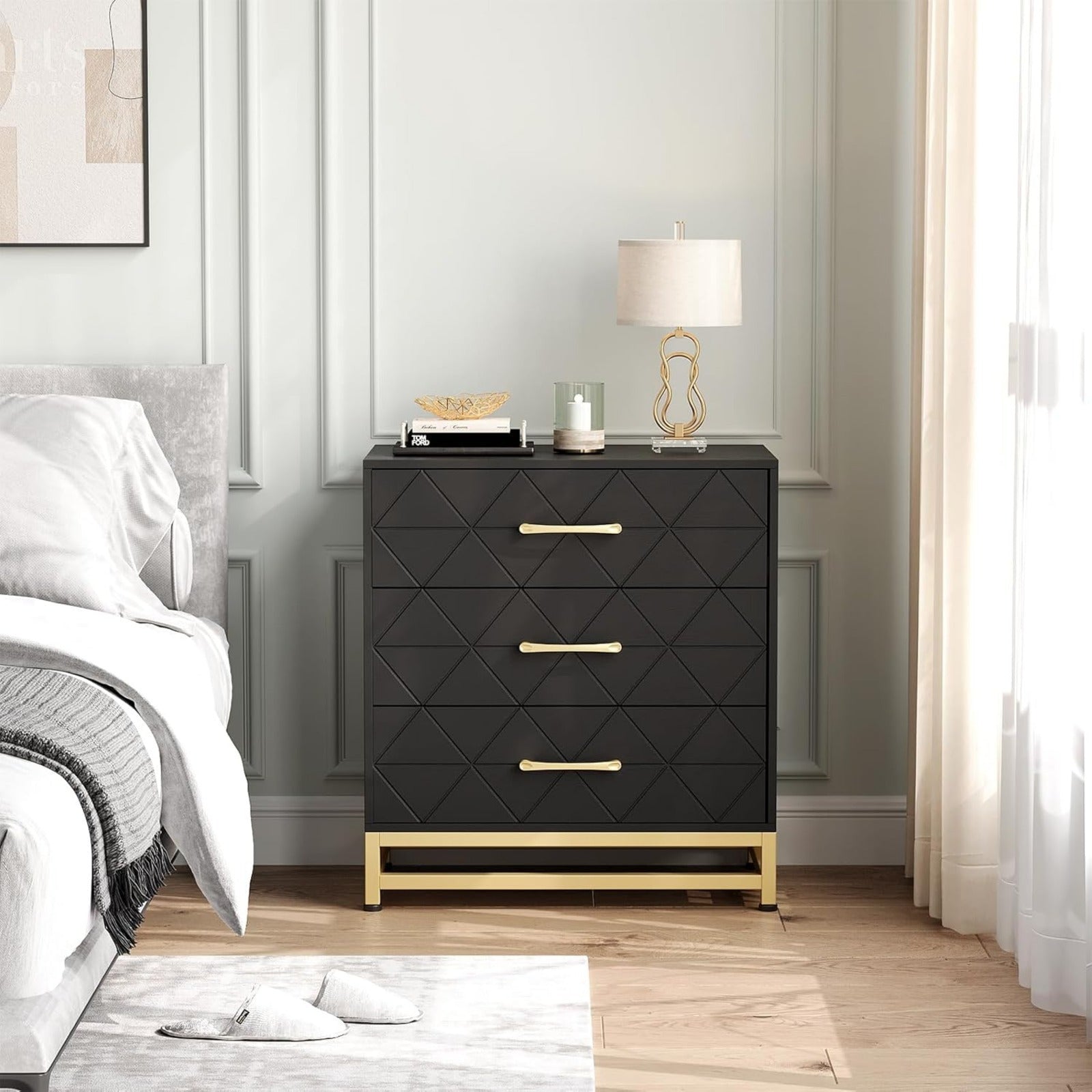 3 Drawer Dresser Chest Drawers with Storage for Closet Bedroom Drawers Dresser Modern Bedside Nightstand with Gold