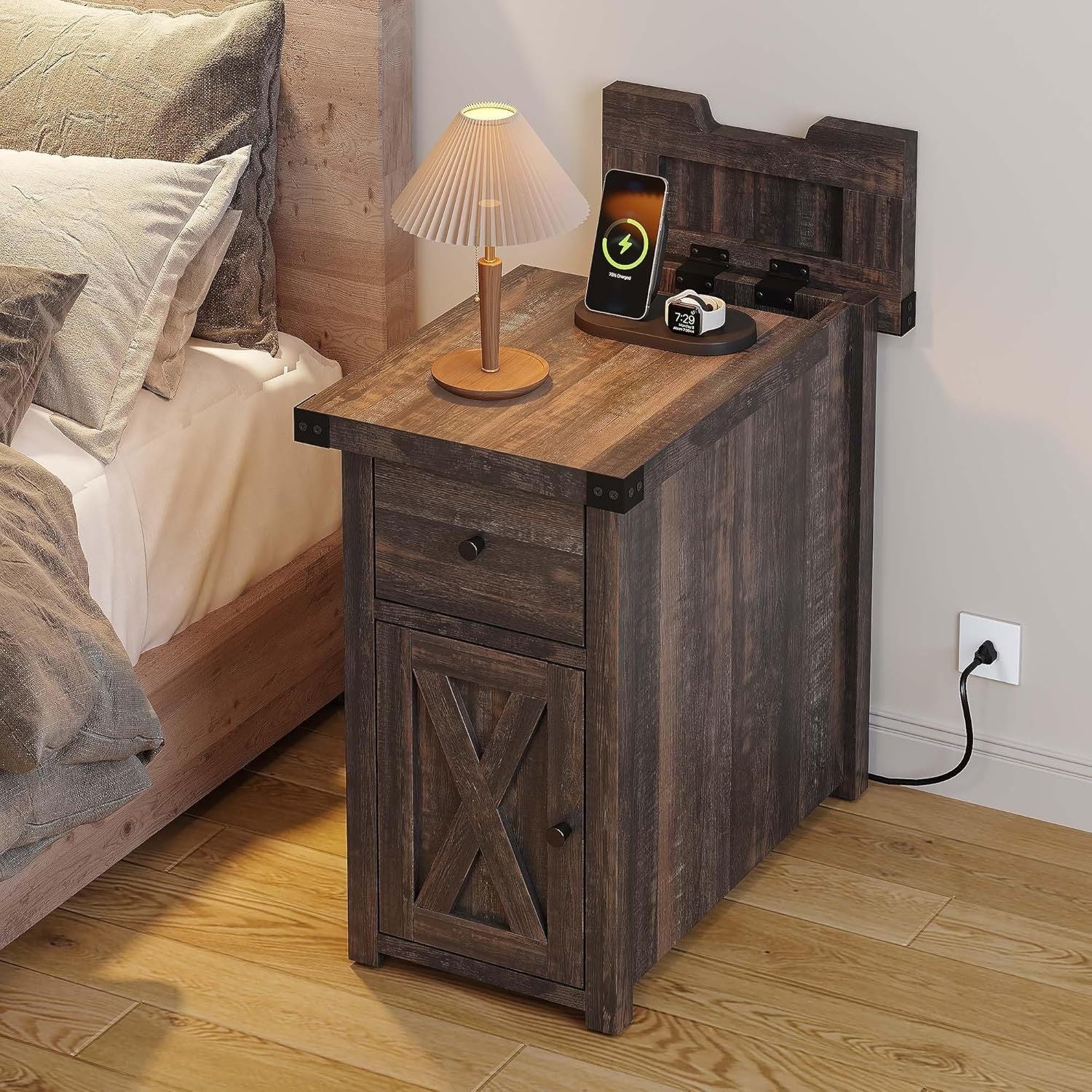 1pc Dark Oak Multifunctional Nightstand with Charging Station and Drawer Storage - Contemporary Wood Top Pedestal End Table for Bedroom, Living Room - Ideal for Thanksgiving, Christmas Holiday Gifts