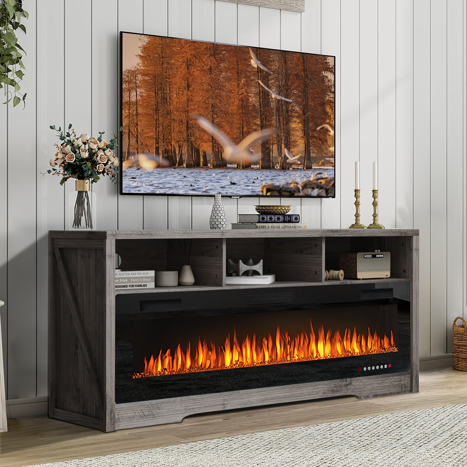 Fireplace TV Stand for TVs Up to 75" TV with 60" Electric Fireplace, Entertainment Center with Open Shelve Storage, 65 inch TV Stand with Fireplace, Entertainment Stand for Living Room