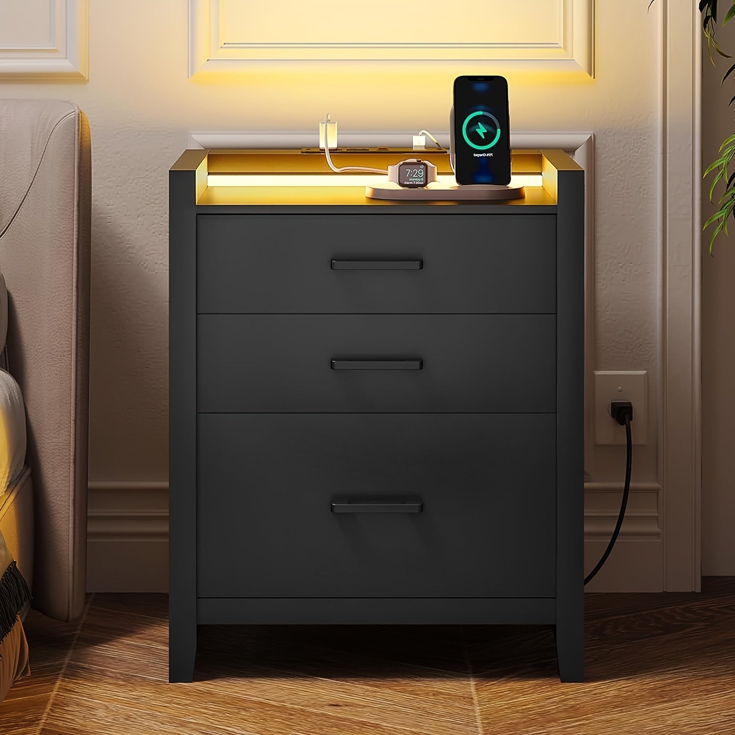 Black Nightstand with LED Light and Charging Station, Nightstand with 3 Drawers, End Side Table with USB Ports and Outlets, Modern Bedside Table for Bedroom, 1pcs