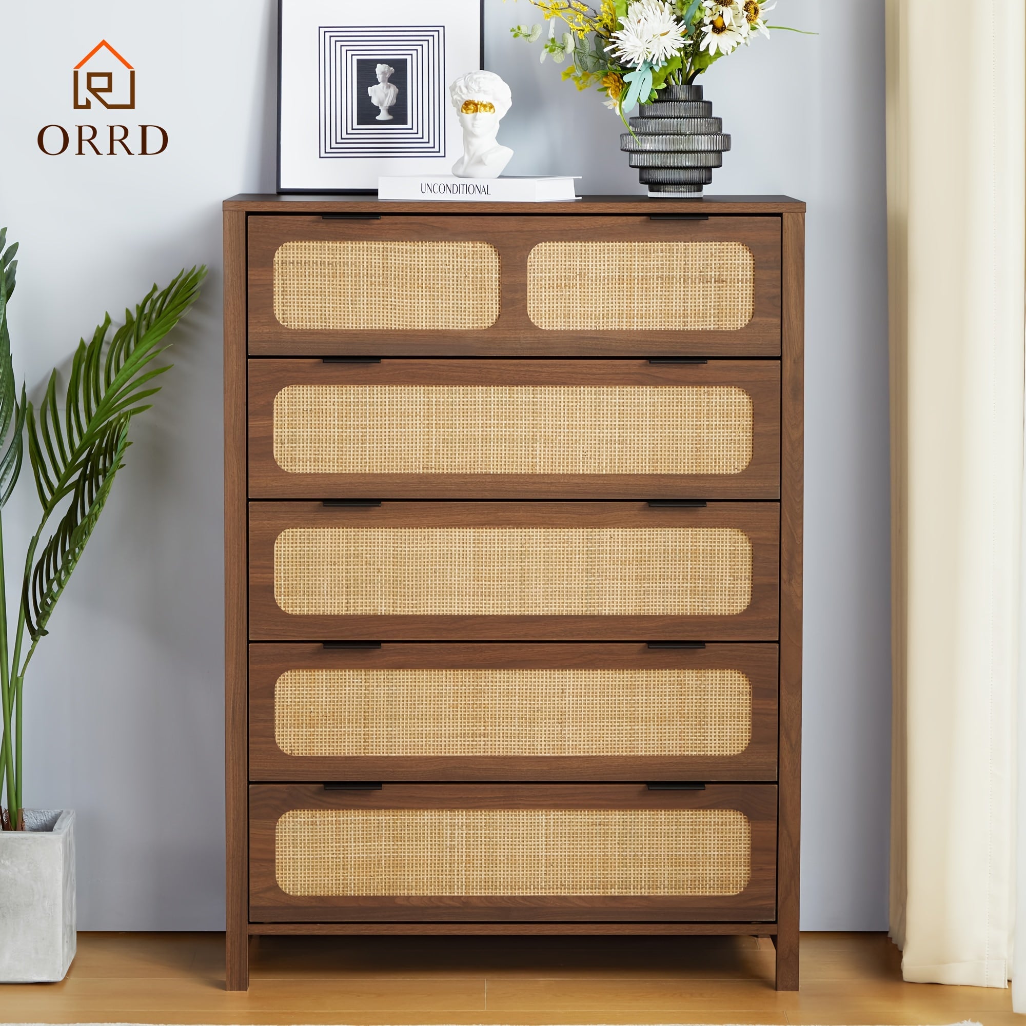 5 Drawer Dresser For Bedroom Wide Chest Of Drawers With Storage Rattan Nightstand Cabinet Dresser For Bedroom Hallway