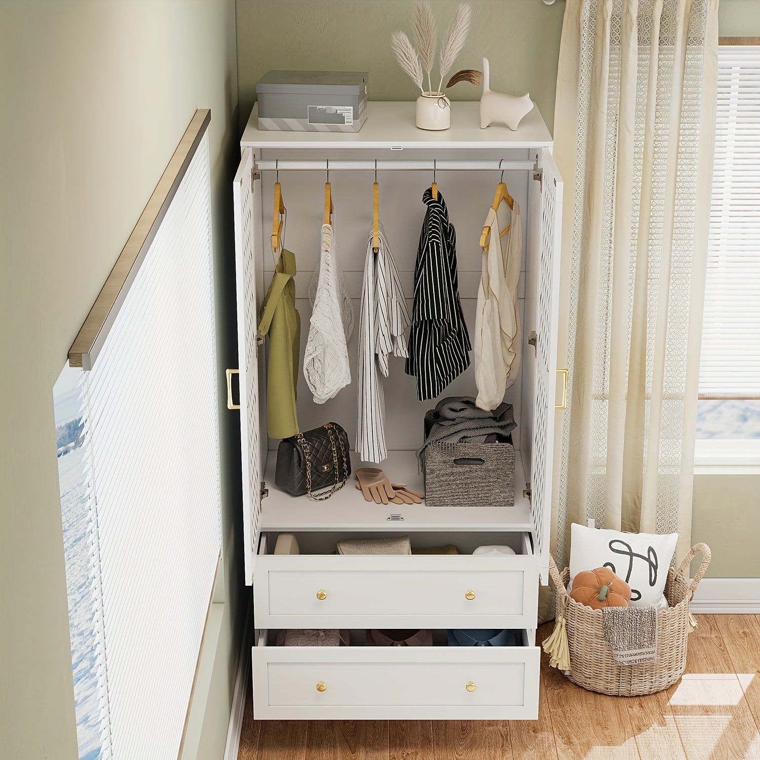 Wardrobe with 2 Doors, 2 Drawers and Hanging Rod, Design Style Woven Door, Bedroom Wooden Clothes Storage Cabinet