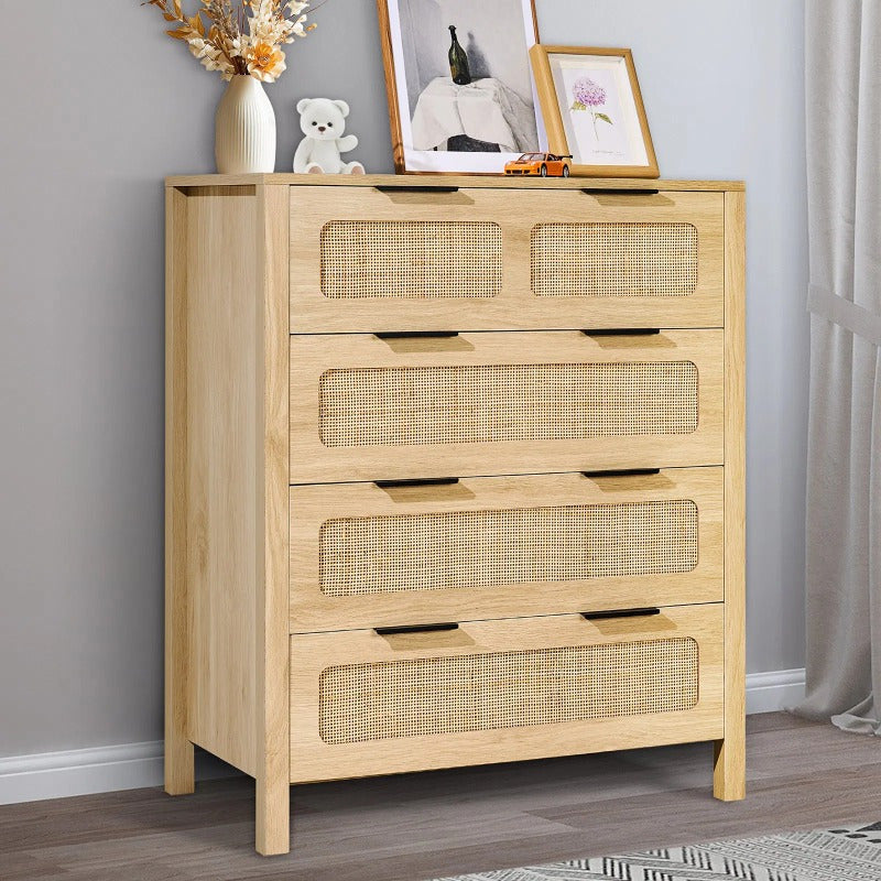 7 Drawer Rattan Dresser Boho Dresser Natural Rattan Chest of Drawers with Spacious Storage for Bedroom Living Room and Hallway Rattan Nightstand with Sturdy HandlesandLegs Natural Wood