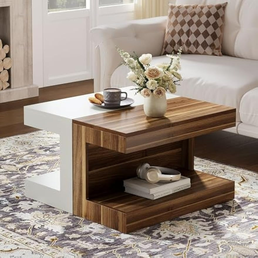 Square Coffee Table, 31.5" Creative Combination Splicing Side Table, 2-Tier Vintage Center Table for Living Room, Bedroom, Small Space, Rustic Brown & White