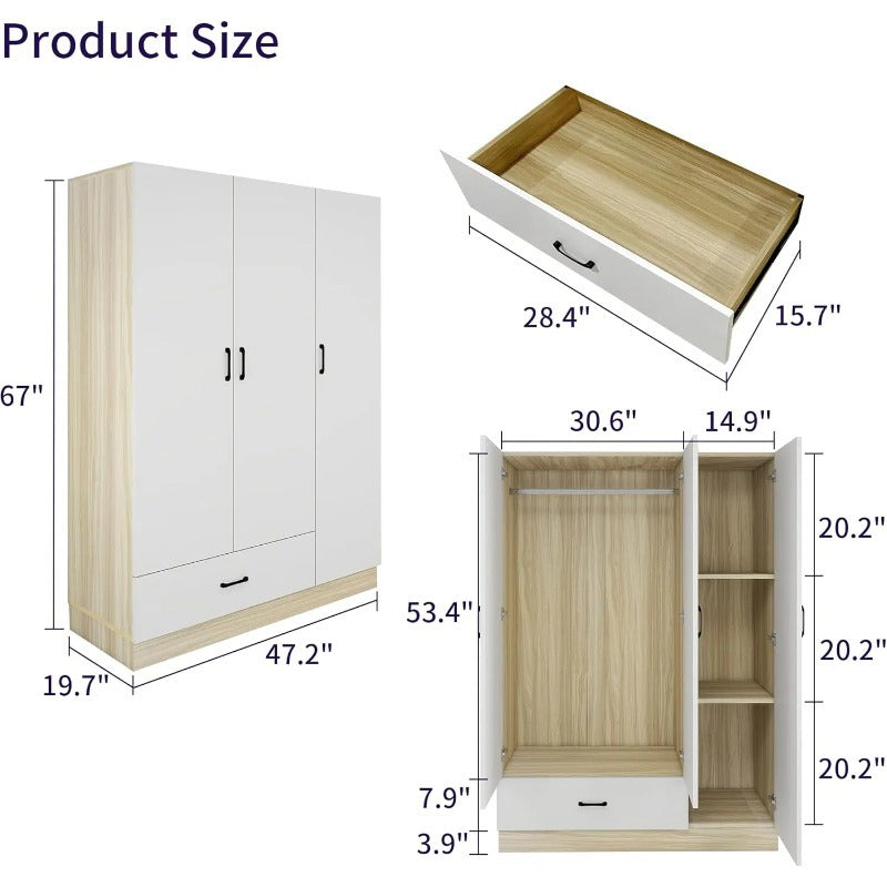 Doors Bedroom Armoire Wardrobe Closet Cabinet Wardrobe Closet with Hanging Rod Wood Closet Wardrobe for Large Storage Armoires and Wardrobes with Drawers Wooden