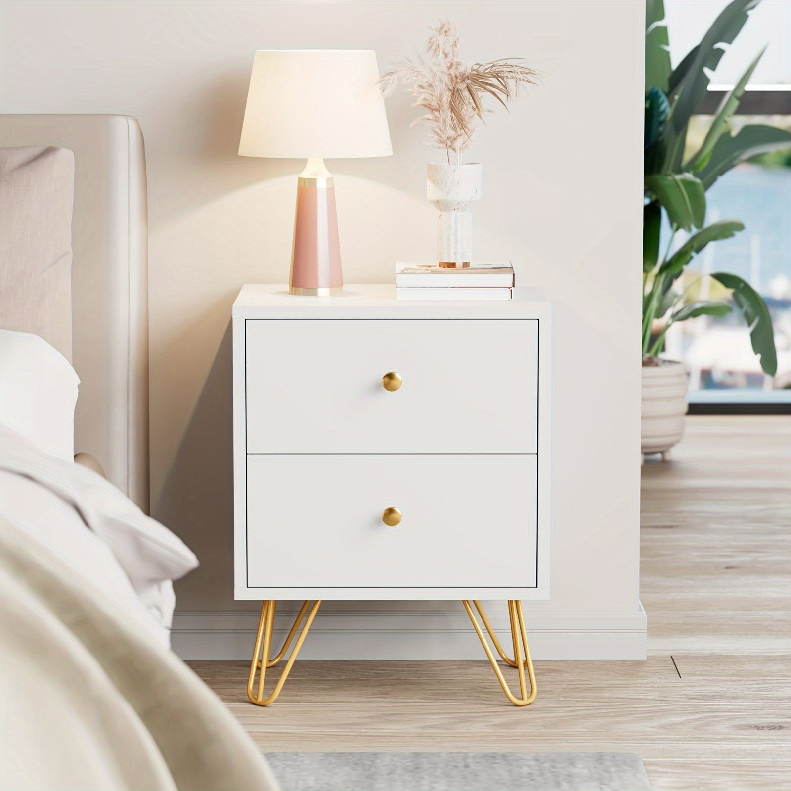 Set of 2 White Nightstands with Golden Metal Legs - Contemporary Double Drawer Bedside Tables, Lockable, 3.2+ Cubic Ft Storage, for Stylish Bedroom & Living Room Decor, Bedroom Decor And Accessories