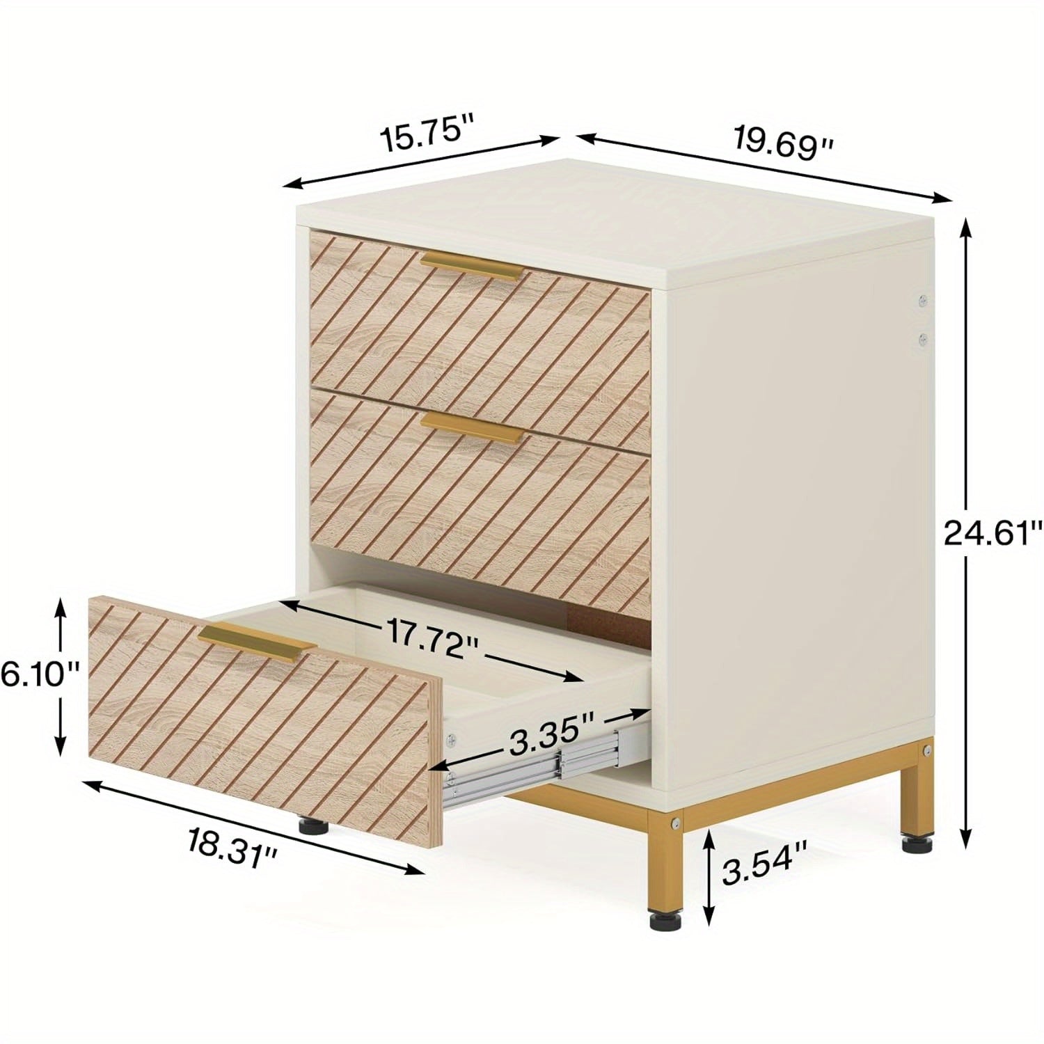 Elegant White & Golden 3-storage compartment Nightstand, Adjustable Feet, Spacious Storage for Bedroom Essentials, Box, Cabinet, Rack for Outdoor Storage