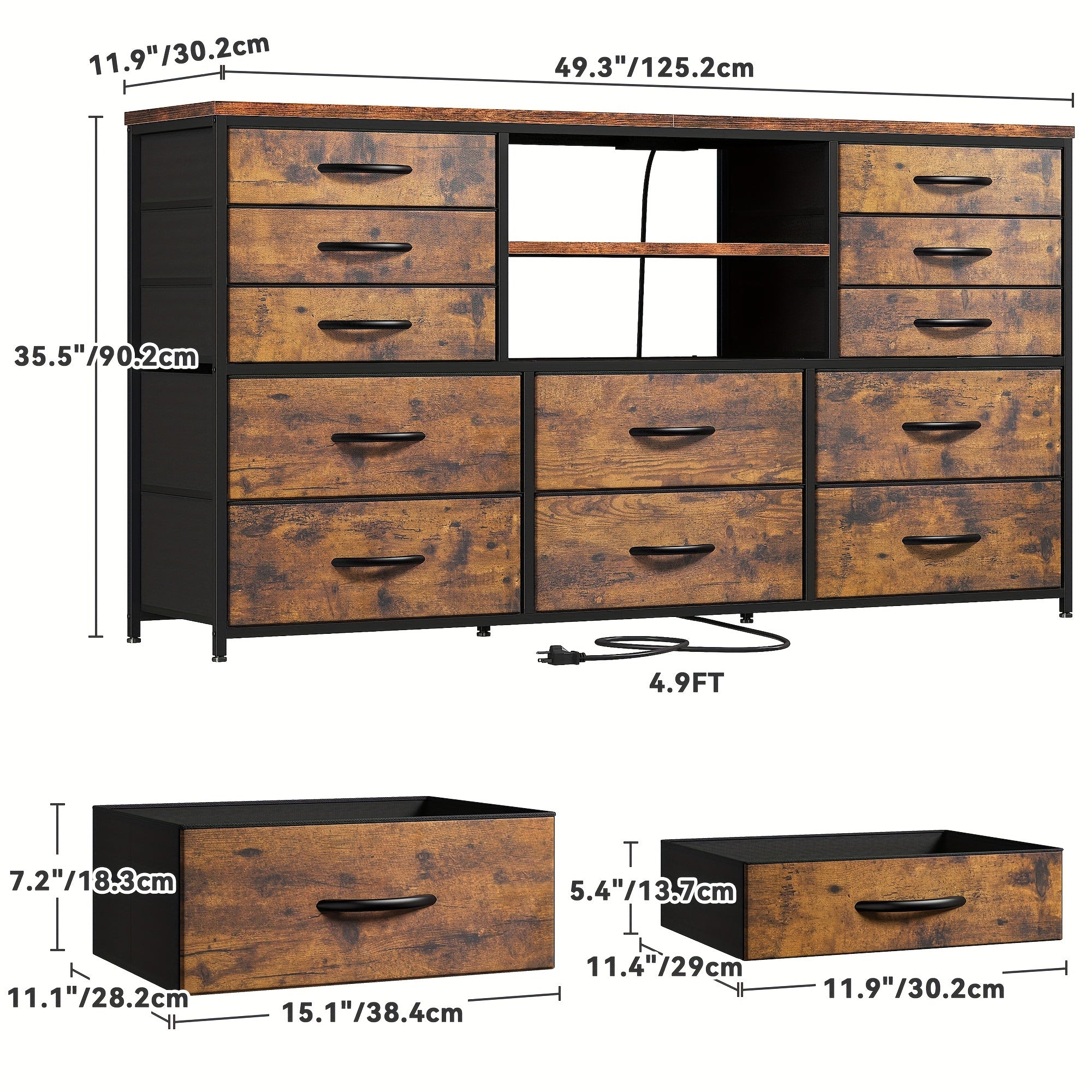 TV Stand Dresser for Bedroom with Power Outlet & LED Lights for 65" TV Stand for Living Room Entertainment Center with 12 Fabric Drawers TV Console Table For Lab, Entryway, Rustic Brown