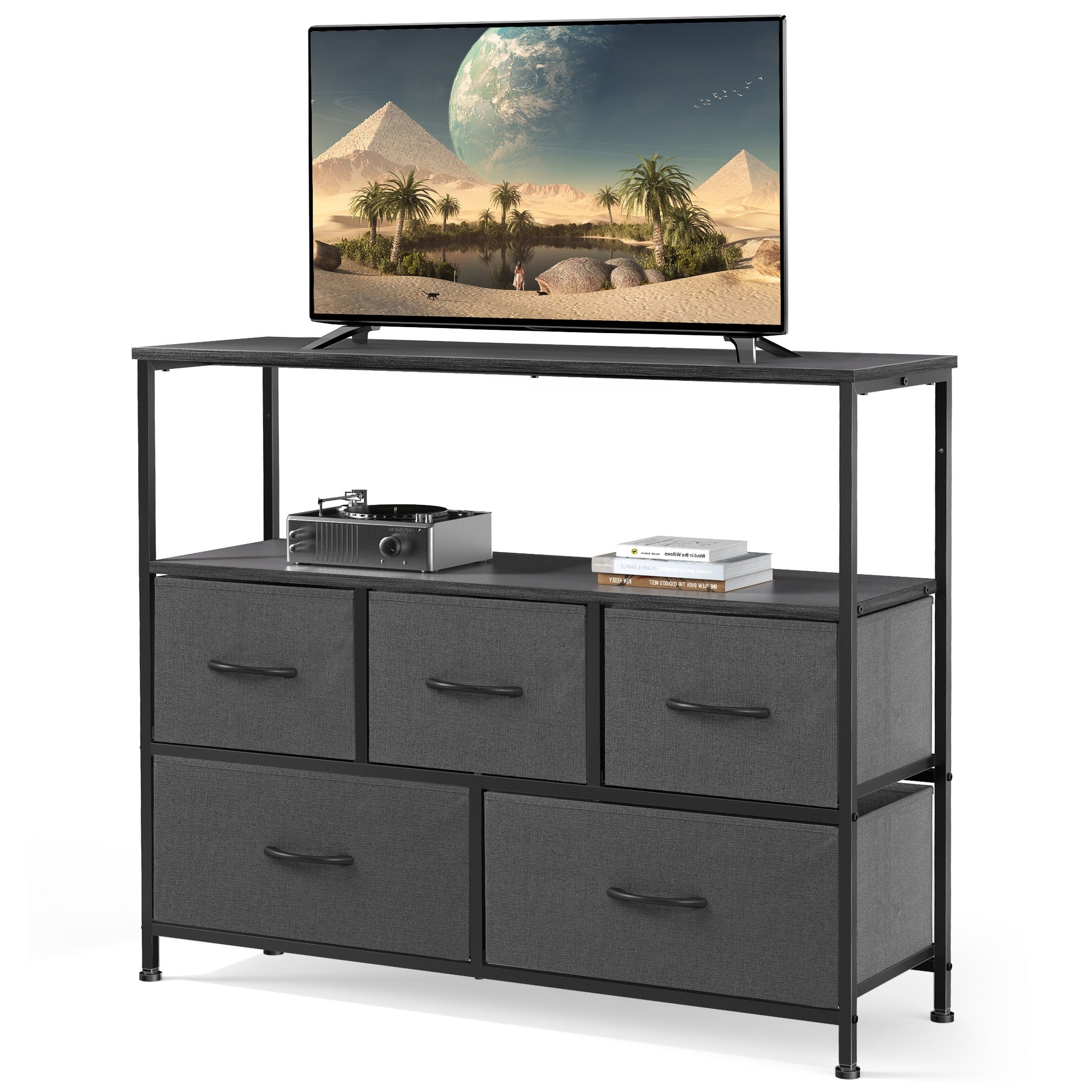 TV Stand Entertainment Center With 5 Fabric Drawer For Bedroom 30 Inch Tall Dresser With Open Display Media Console Closet Metal Shelf Storage For Living Room Space Saving