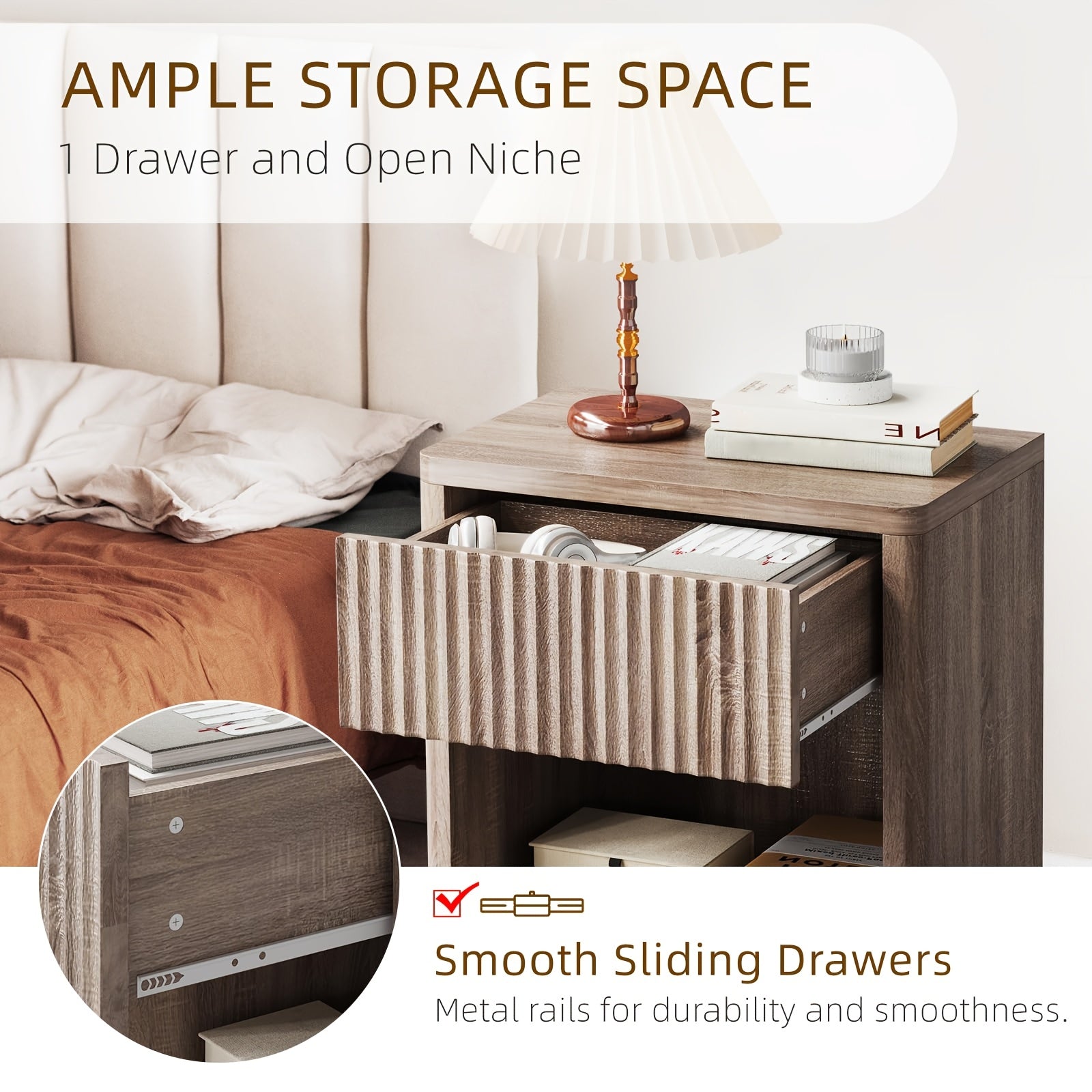 Modern Nightstands Set Of 2 Fluted End Table with Drawer Sofa Side Table for Small Spaces Wooden Bedside Table