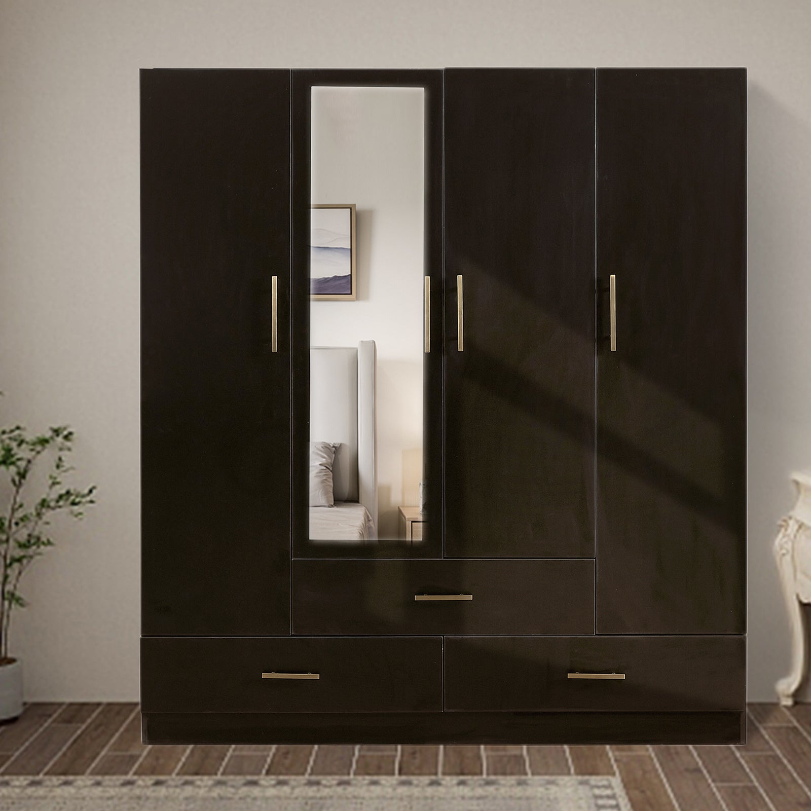 4-Door Armoires Wardrobe Closet with Hanging Rods & Drawers Wood Bedroom Wardrobe for Clothing Storage - Black-40