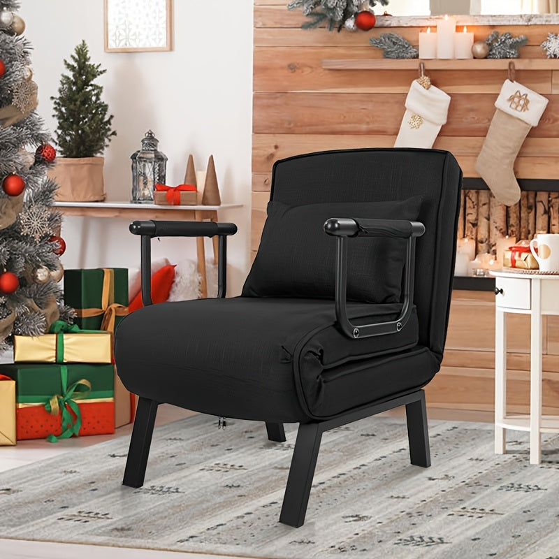 Cozy Black Convertible Recliner Sofa Bed with Pillow - Foldable Single Armchair, Iron Frame, Sponge Filled for Ultimate Comfort, Manual Recline Mechanism, Ideal for Home Office & Holiday Relaxation, Futon Sofa Bed