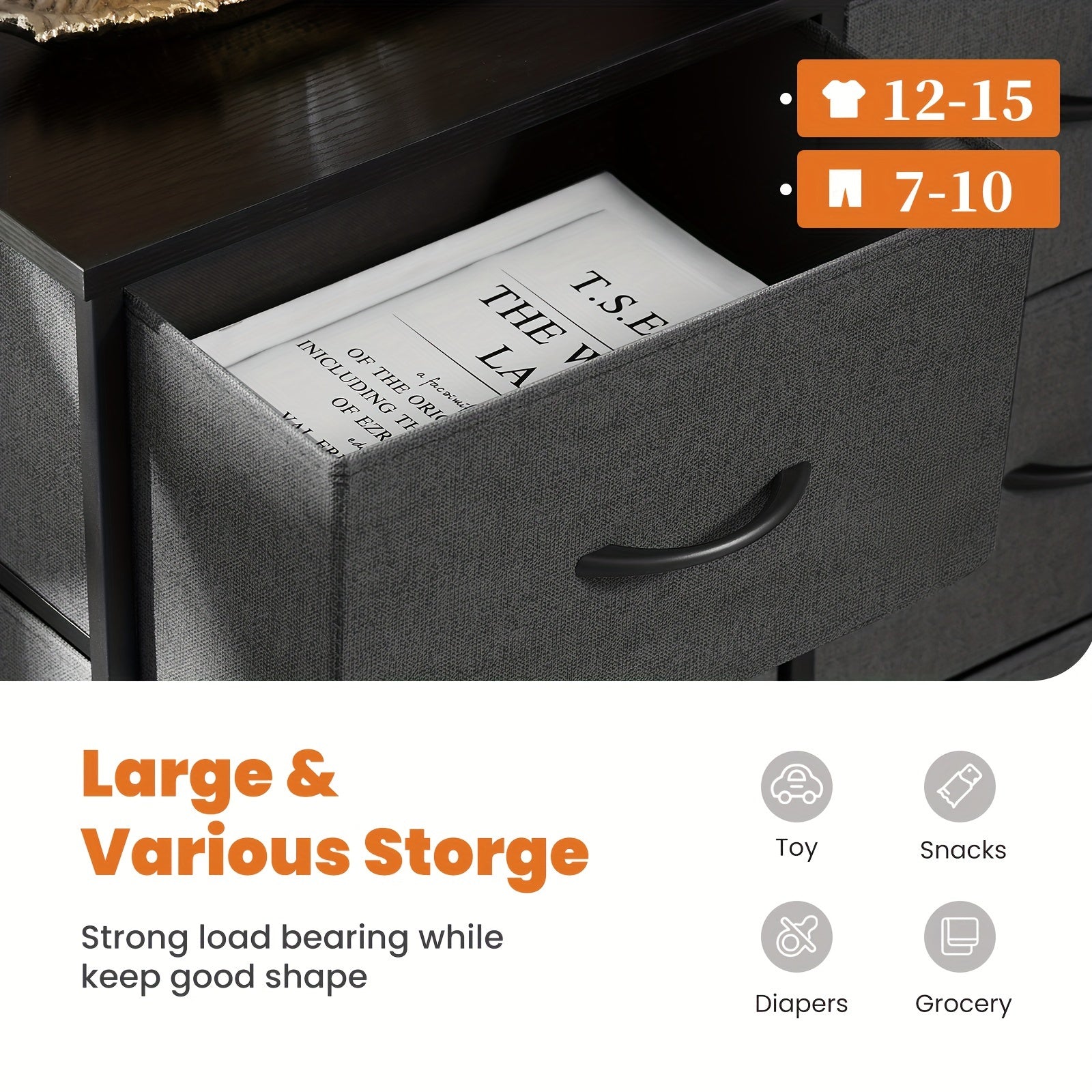 Dresser for Bedroom Drawer Organizer Storage 8 Drawers Fabric Storage Tower Chest of Drawers with Steel Frame Wood Top